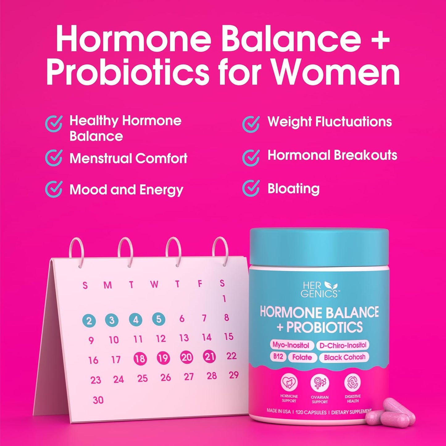 Natural Hormone Balance for Women - PCOS Supplements with Probiotics, Myo-Inositol, D-Chiro Inositol, Black Cohosh, Folate, B12 - Female Vitamins 120 Capsules