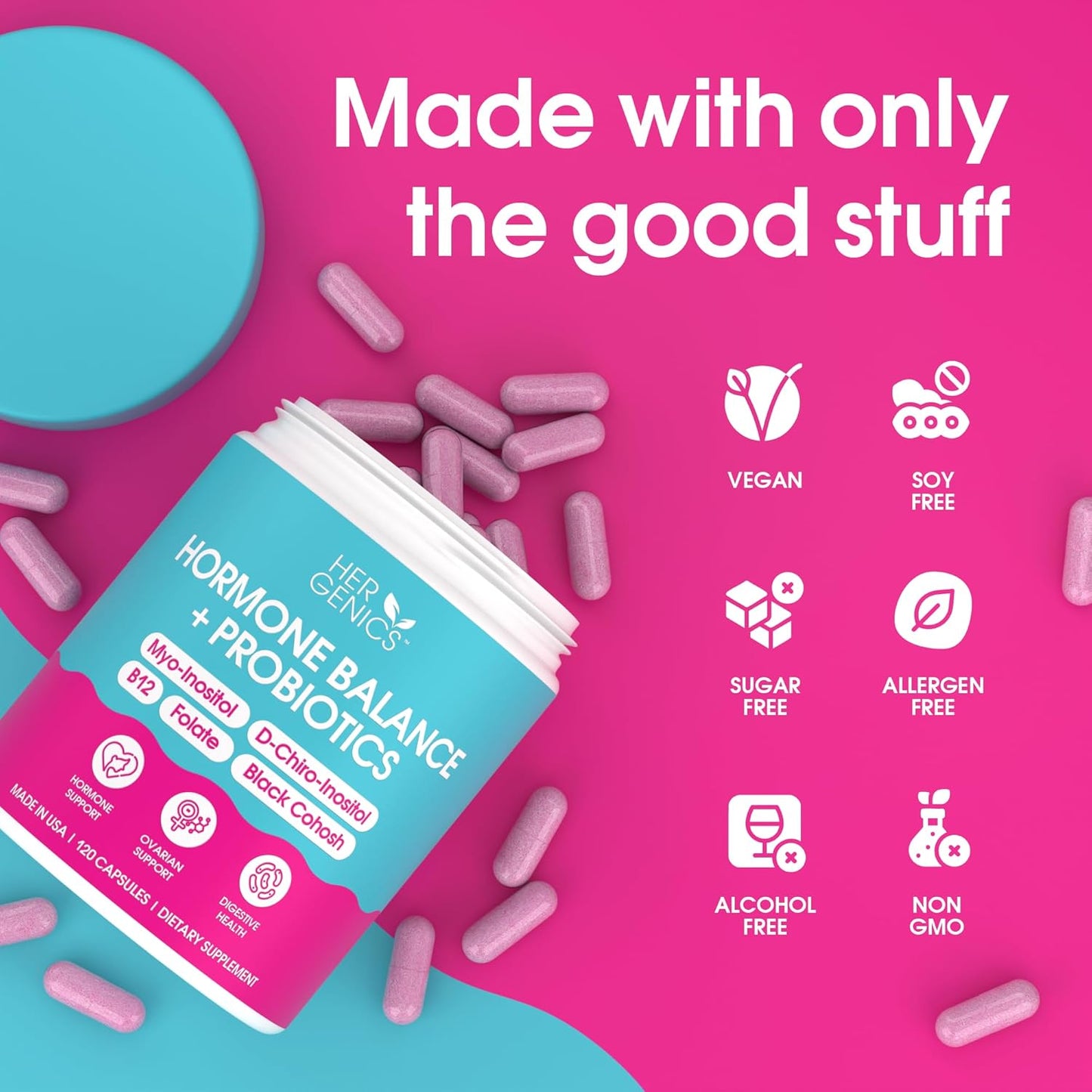 Natural Hormone Balance for Women - PCOS Supplements with Probiotics, Myo-Inositol, D-Chiro Inositol, Black Cohosh, Folate, B12 - Female Vitamins 120 Capsules