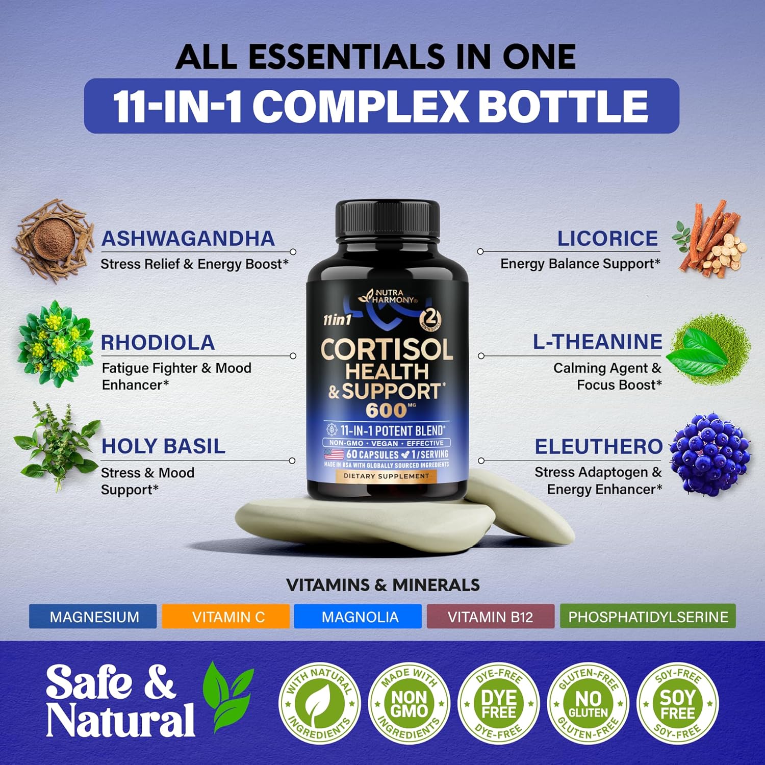 Natural Hormone Balance Supplement for Women - Ashwagandha, Rhodiola, Holy Basil, L-Theanine - Mood, Focus, Sleep Support - Vegan, Non-GMO - Made in USA - 60 Capsules