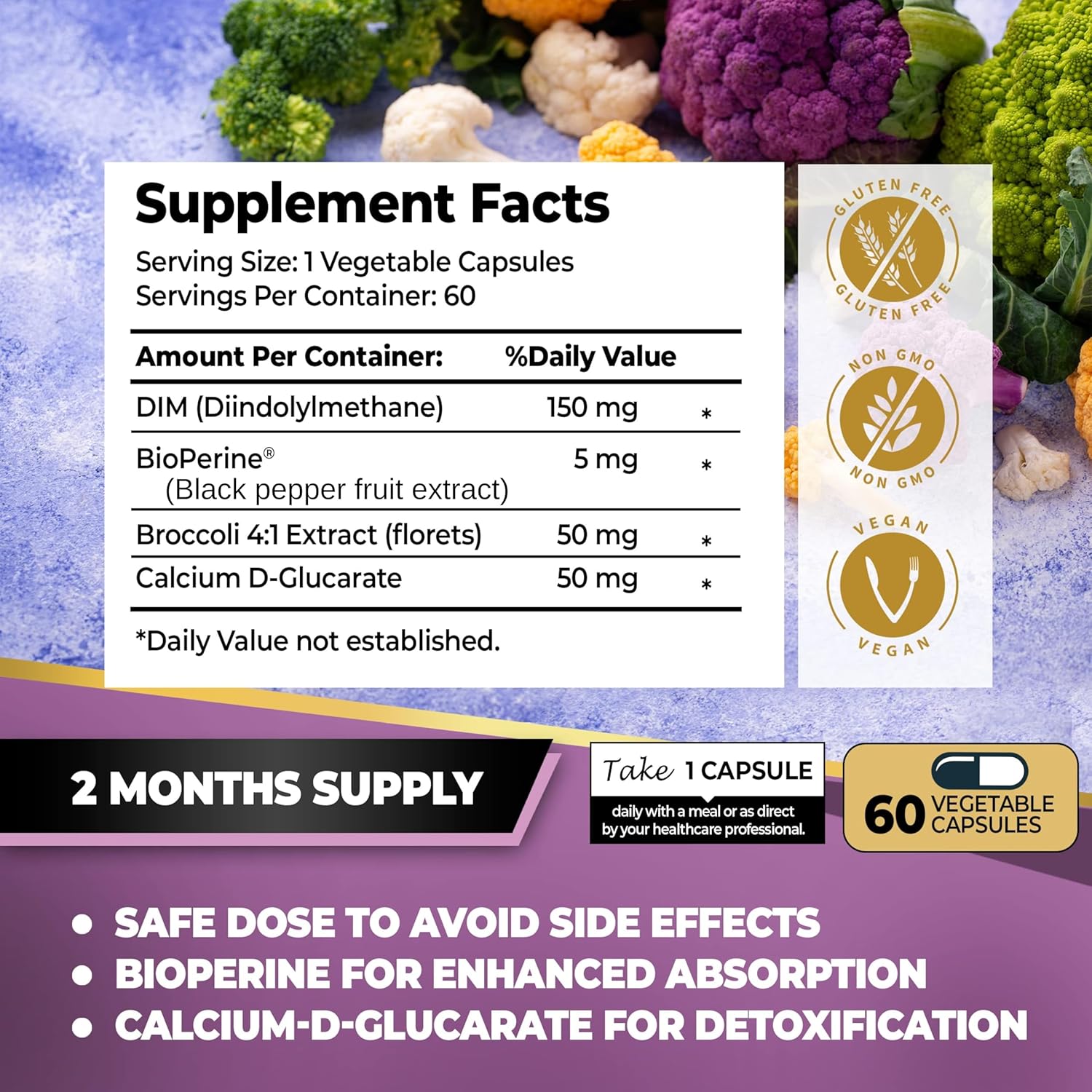 Natural Hormone Balance Support Supplement with Broccoli Extract and BioPerine - Menopause Relief for Women and Men - Estrogen Balance, Acne Control - 60 Vegetarian Capsules with Calcium D-Glucarate