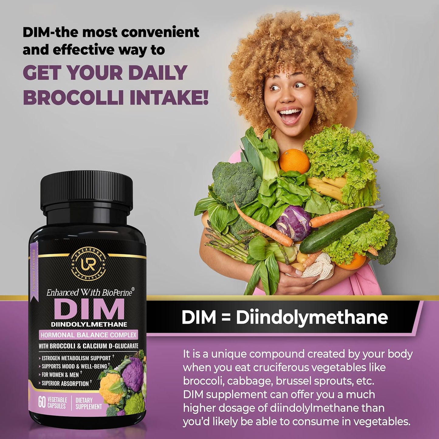 Natural Hormone Balance Support Supplement with Broccoli Extract and BioPerine - Menopause Relief for Women and Men - Estrogen Balance, Acne Control - 60 Vegetarian Capsules with Calcium D-Glucarate