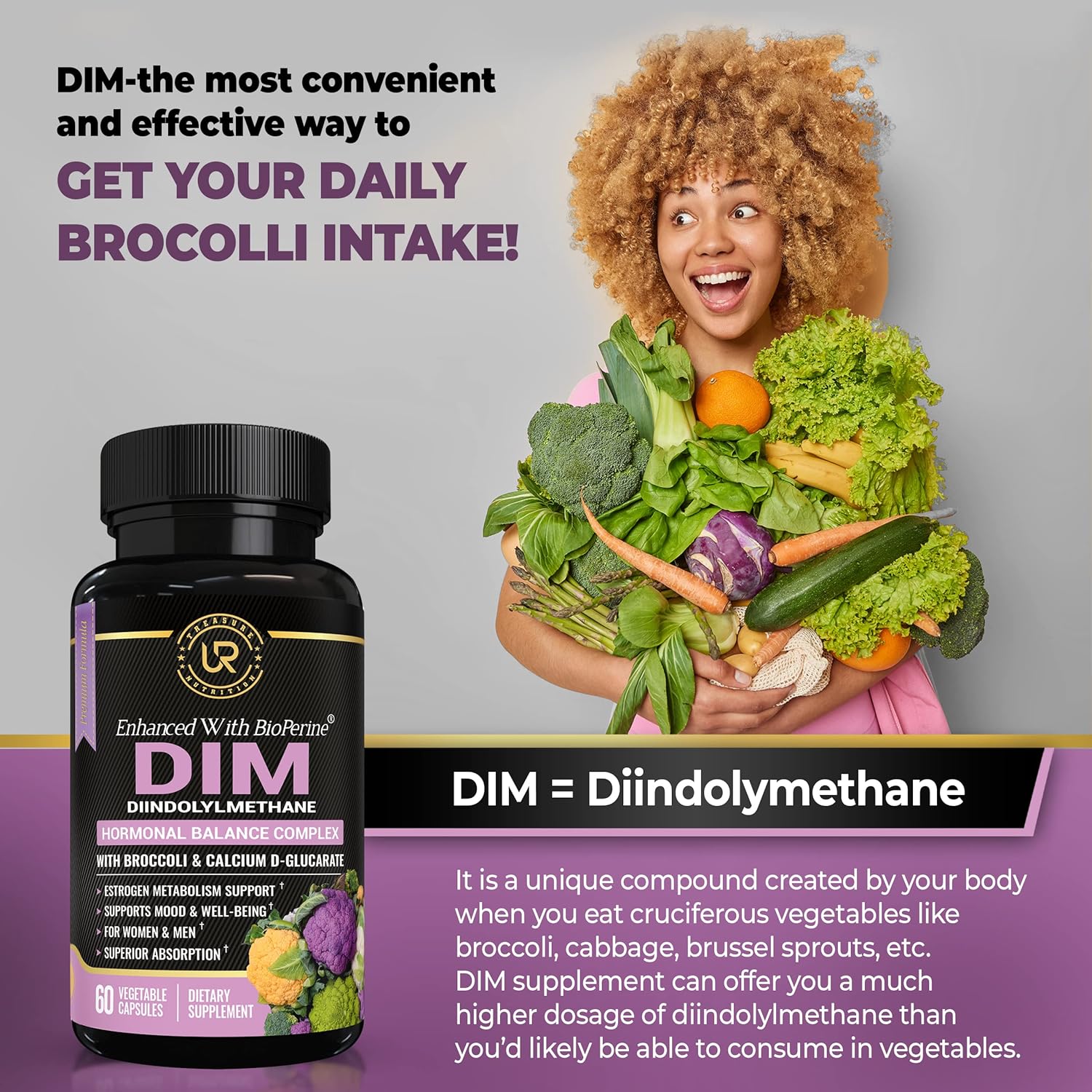 Natural Hormone Balance Support Supplement with Broccoli Extract and BioPerine - Menopause Relief for Women and Men - Estrogen Balance, Acne Control - 60 Vegetarian Capsules with Calcium D-Glucarate