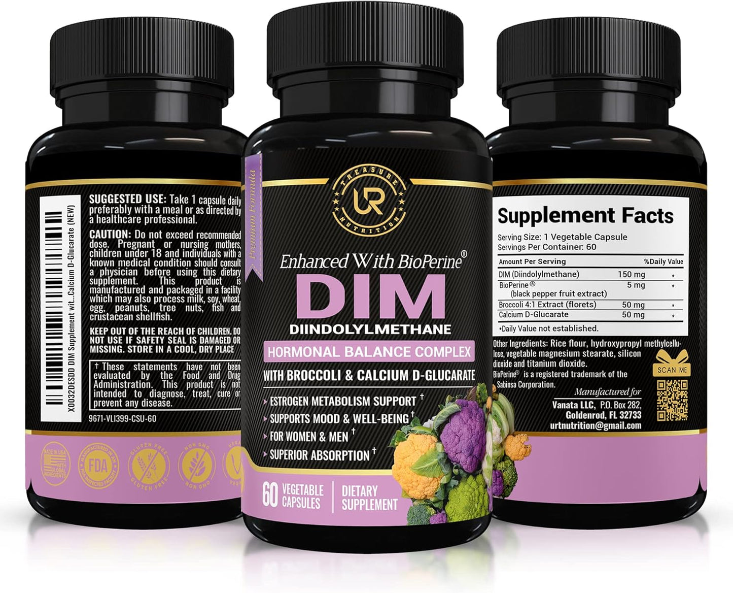 Natural Hormone Balance Support Supplement with Broccoli Extract and BioPerine - Menopause Relief for Women and Men - Estrogen Balance, Acne Control - 60 Vegetarian Capsules with Calcium D-Glucarate