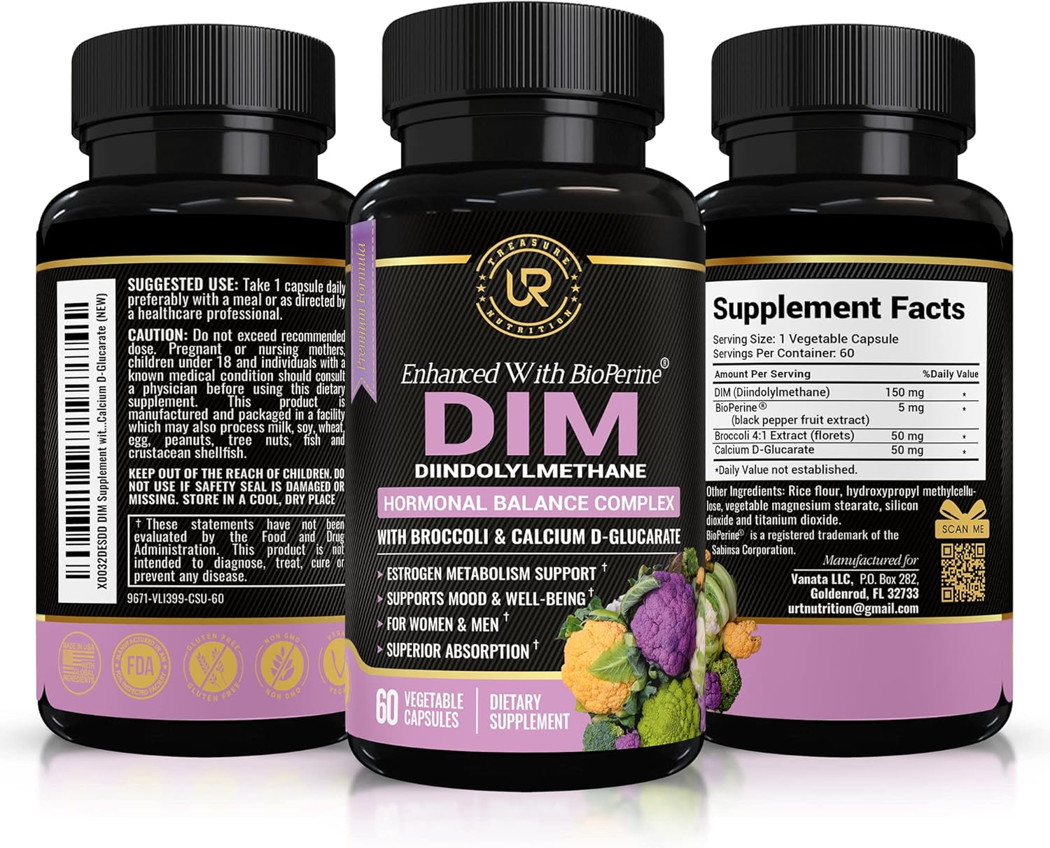 Natural Hormone Balance Support Supplement with Broccoli Extract and BioPerine - Menopause Relief for Women and Men - Estrogen Balance, Acne Control - 60 Vegetarian Capsules with Calcium D-Glucarate