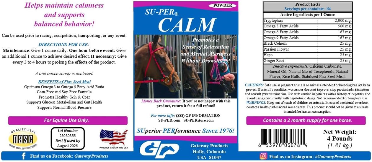 Natural Horse Calming Supplement Powder - Promotes Calmness & Balanced Behavior - 4lb, 60 Day Supply