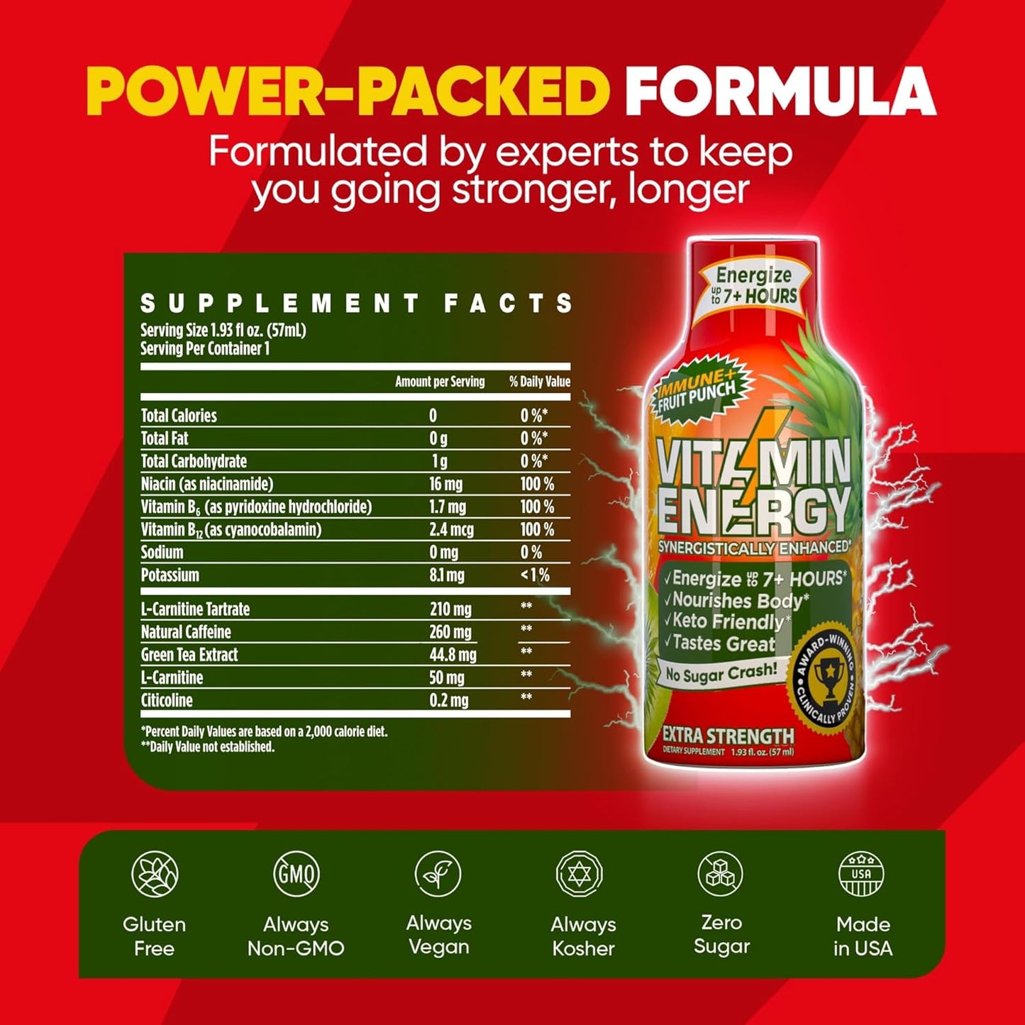 Natural Immunity Boost Energy Drink Shots | Vitamin Energy Extra Strength Formula | Sugar & Carb-Free | Energize & Support Immune System | Fruit Punch - 1.93 fl oz - Pack of 48