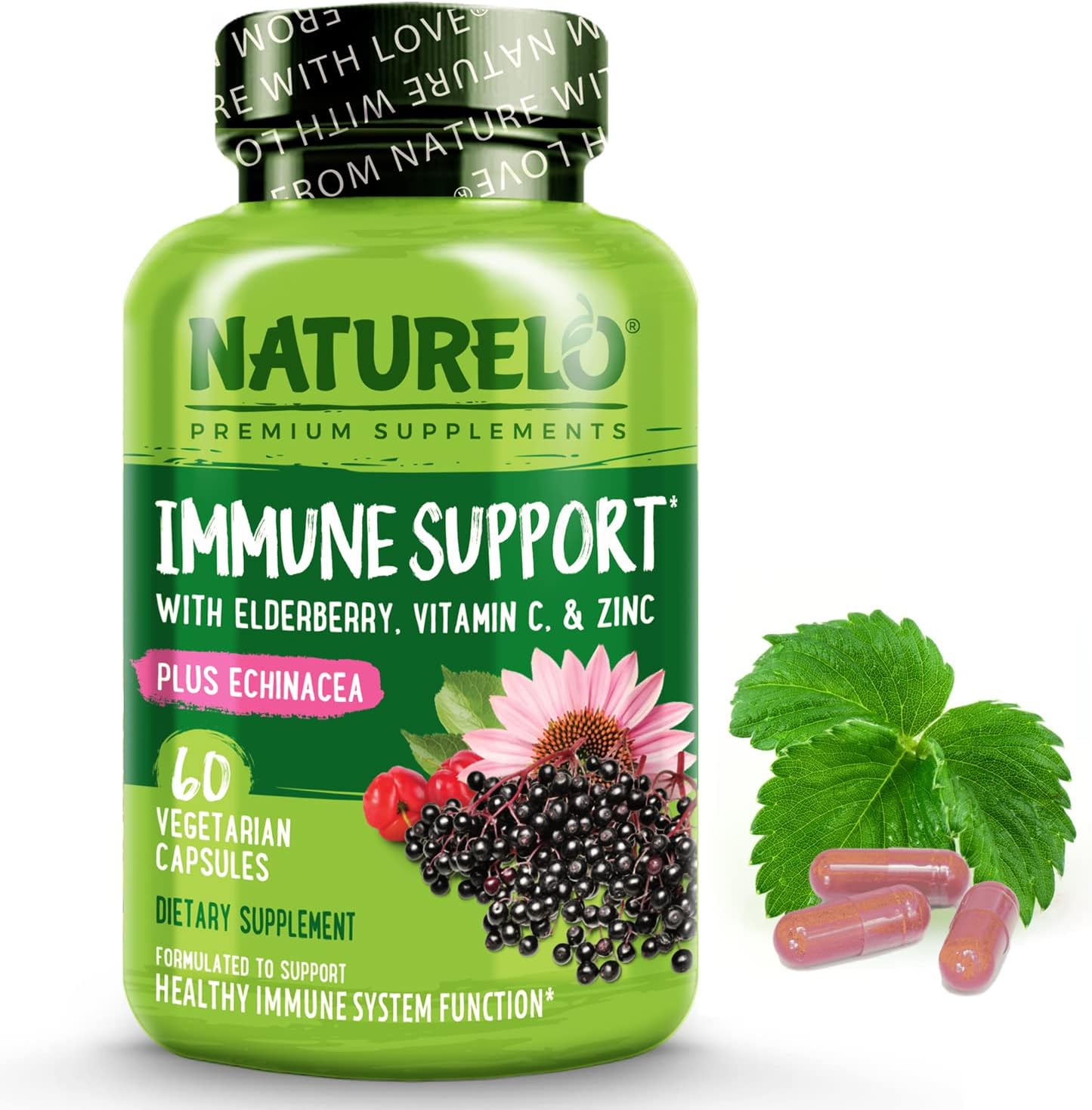 Natural Immunity Boost with Vitamin C, Elderberry, Zinc, and Echinacea - Antioxidant, Herbal, and Mineral Defense - 60 Vegan Capsules by NATURELO