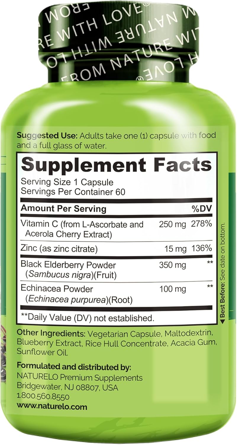 Natural Immunity Boost with Vitamin C, Elderberry, Zinc, and Echinacea - Antioxidant, Herbal, and Mineral Defense - 60 Vegan Capsules by NATURELO