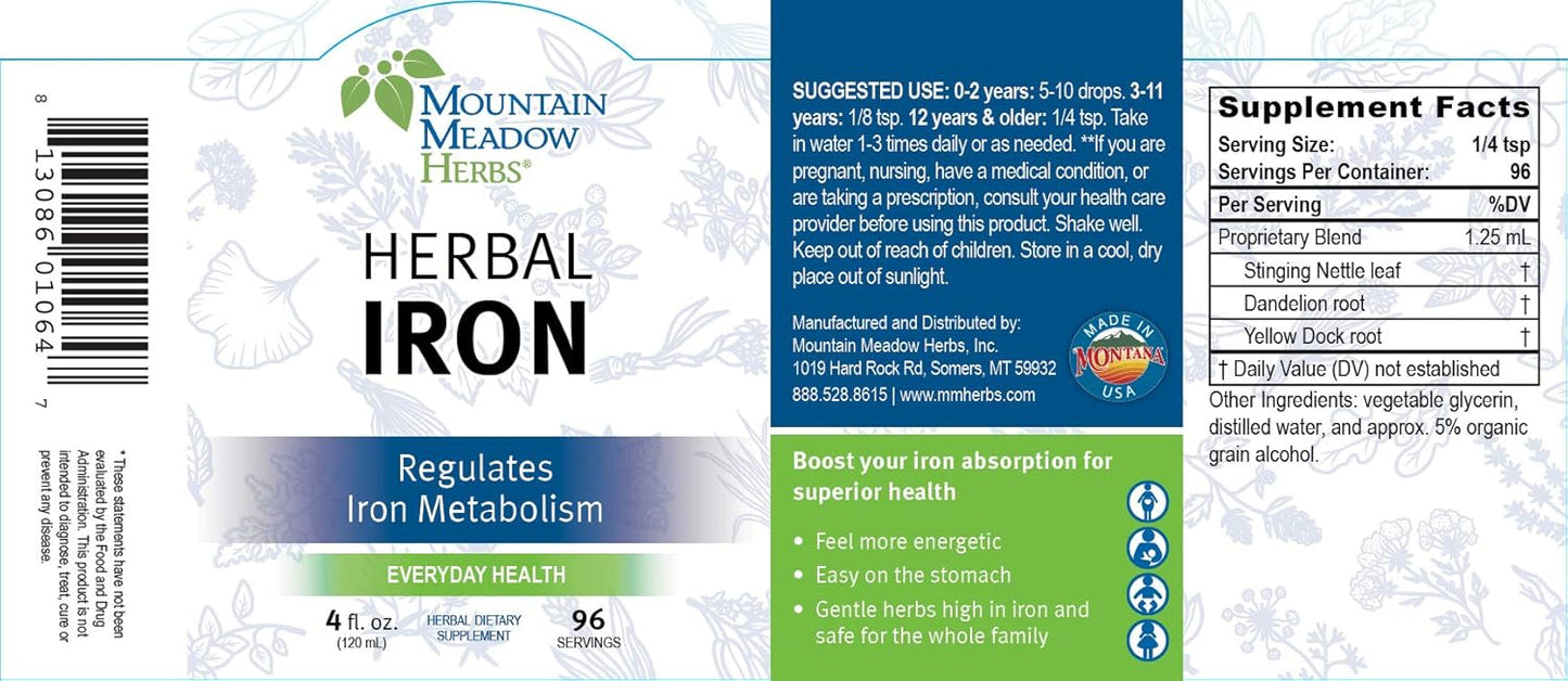 Natural Iron Supplement - Mountain Meadow Herbs Herbal Iron 2 oz - Supports Iron Metabolism & Absorption with Gentle Herbs