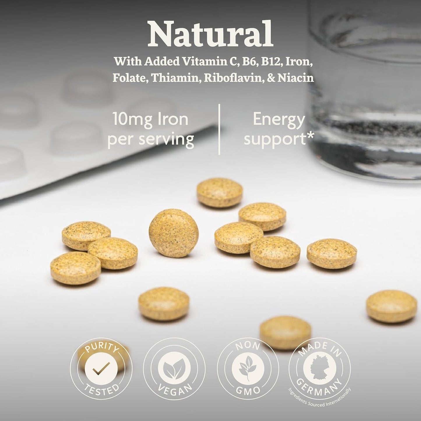 Natural Iron Supplement with B Vitamins & Vitamin C for Energy Support - Vegetarian Iron Tablets by Salus - 120 Tablets