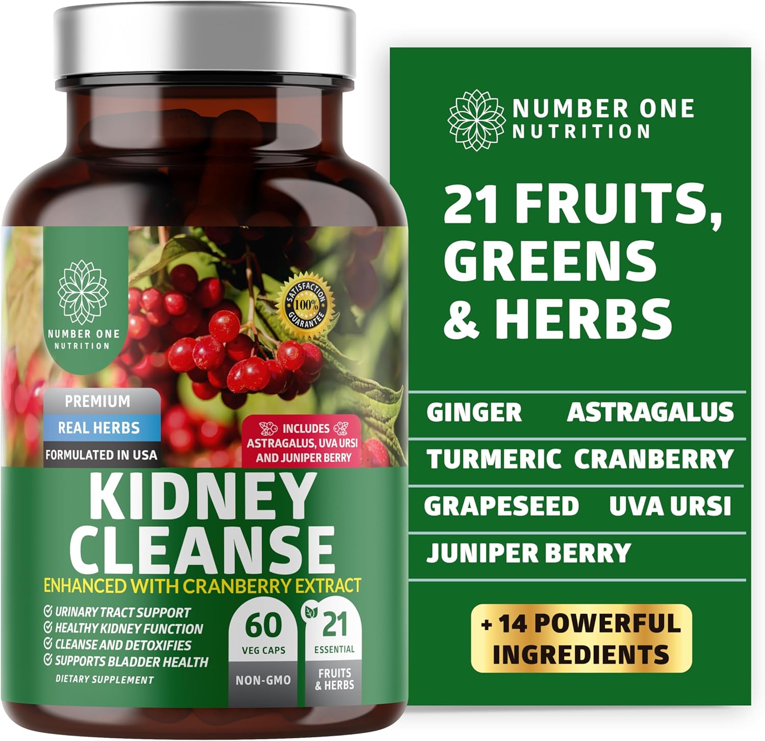 Natural Kidney Support Supplement with 21 Potent Herbs for Urinary Health - 60 Veg Capsules.