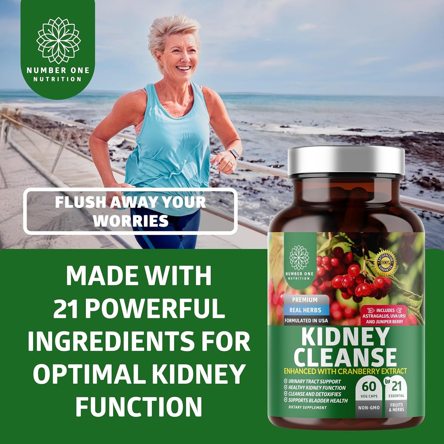 Natural Kidney Support Supplement with 21 Potent Herbs for Urinary Health - 60 Veg Capsules.