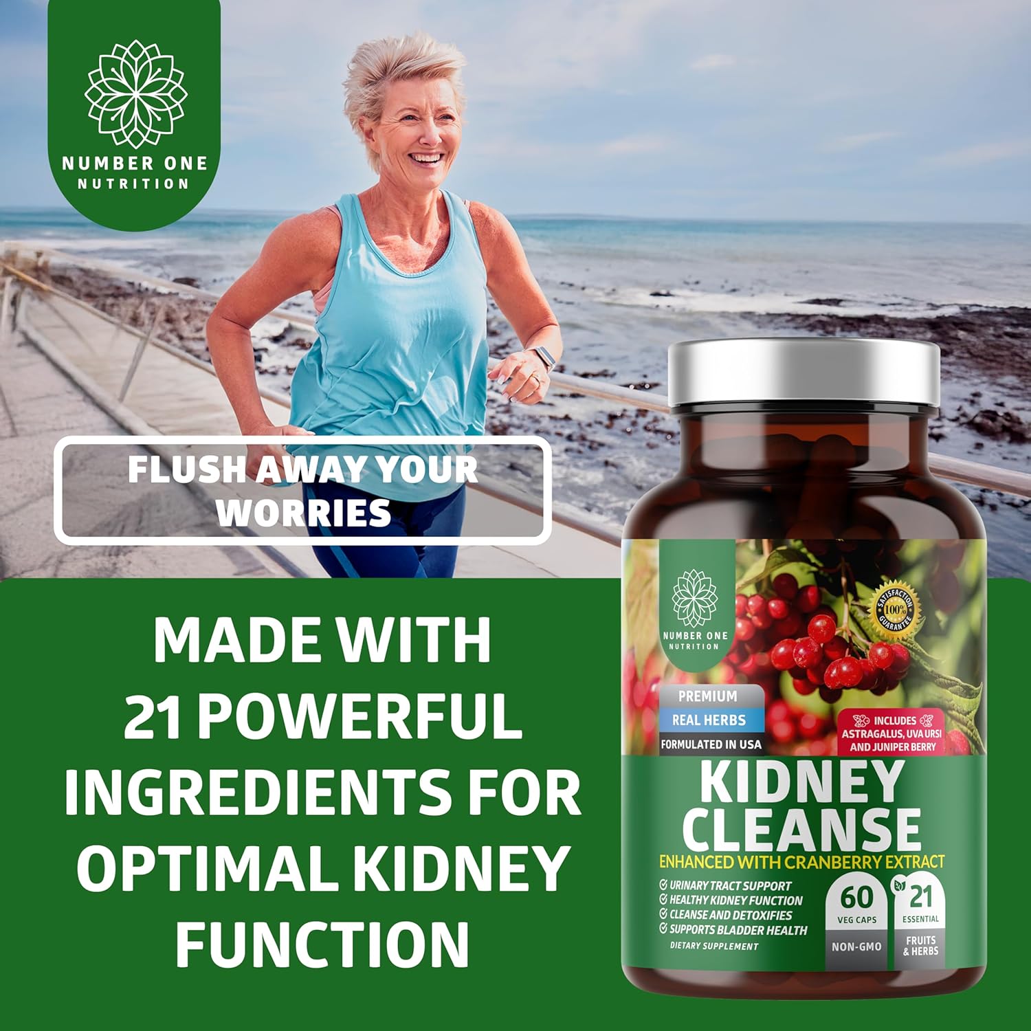 Natural Kidney Support Supplement with 21 Potent Herbs for Urinary Health - 60 Veg Capsules.