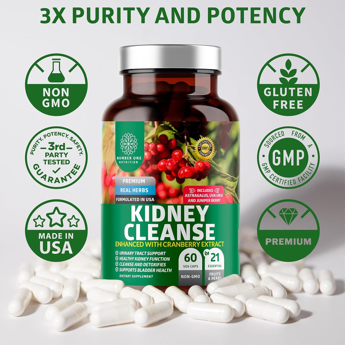 Natural Kidney Support Supplement with 21 Potent Herbs for Urinary Health - 60 Veg Capsules.