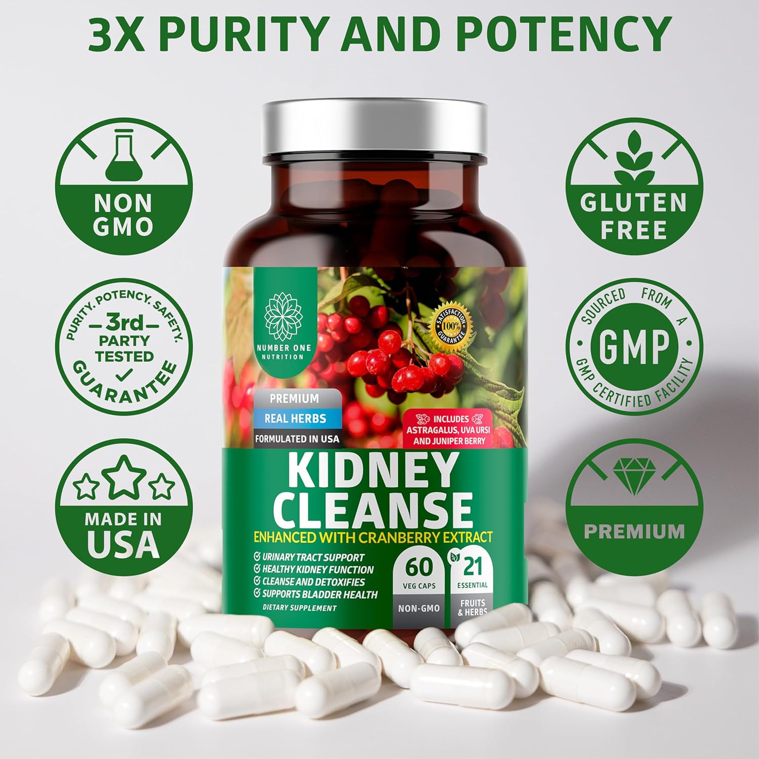 Natural Kidney Support Supplement with 21 Potent Herbs for Urinary Health - 60 Veg Capsules.