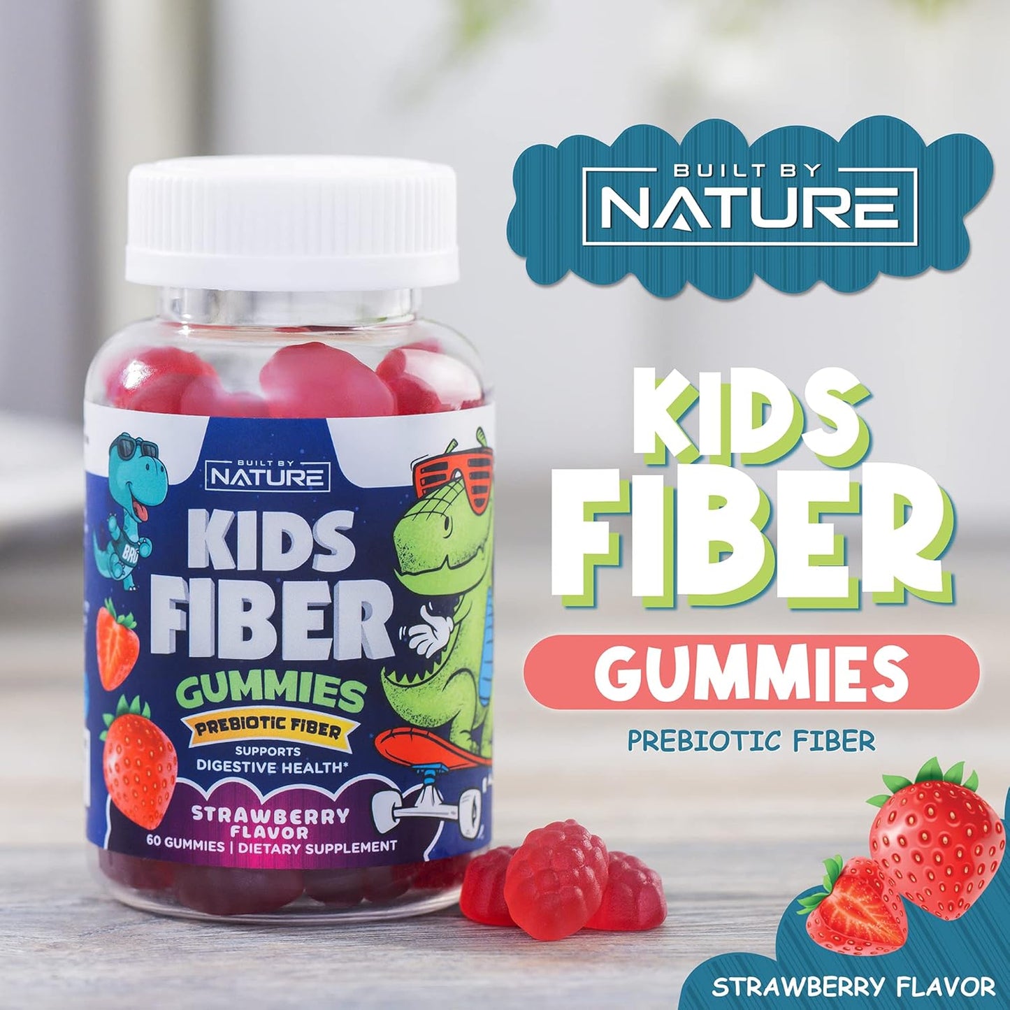 Natural Kids Fiber Gummies with Chicory Root, Non-GMO Digestive Health Supplement, Prebiotic Fiber for Children, Strawberry Flavor - 60 Gummies