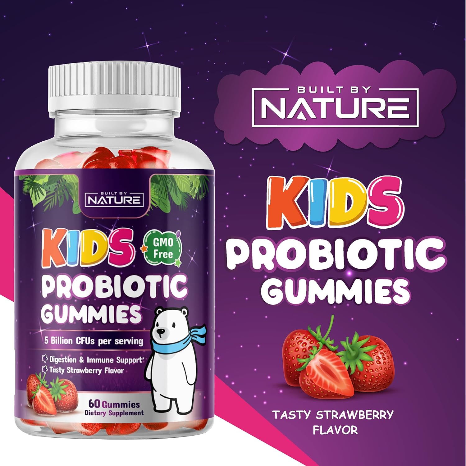Natural Kids Probiotic Gummies with 6 Strains for Digestive & Immune Support - Chewable Supplement, 60 Gummies