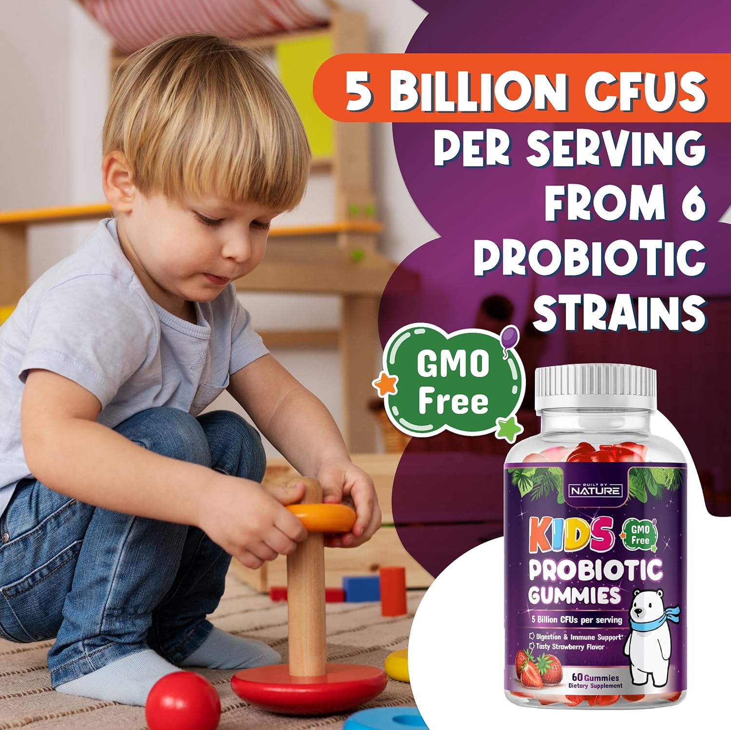 Natural Kids Probiotic Gummies with 6 Strains for Digestive & Immune Support - Chewable Supplement, 60 Gummies