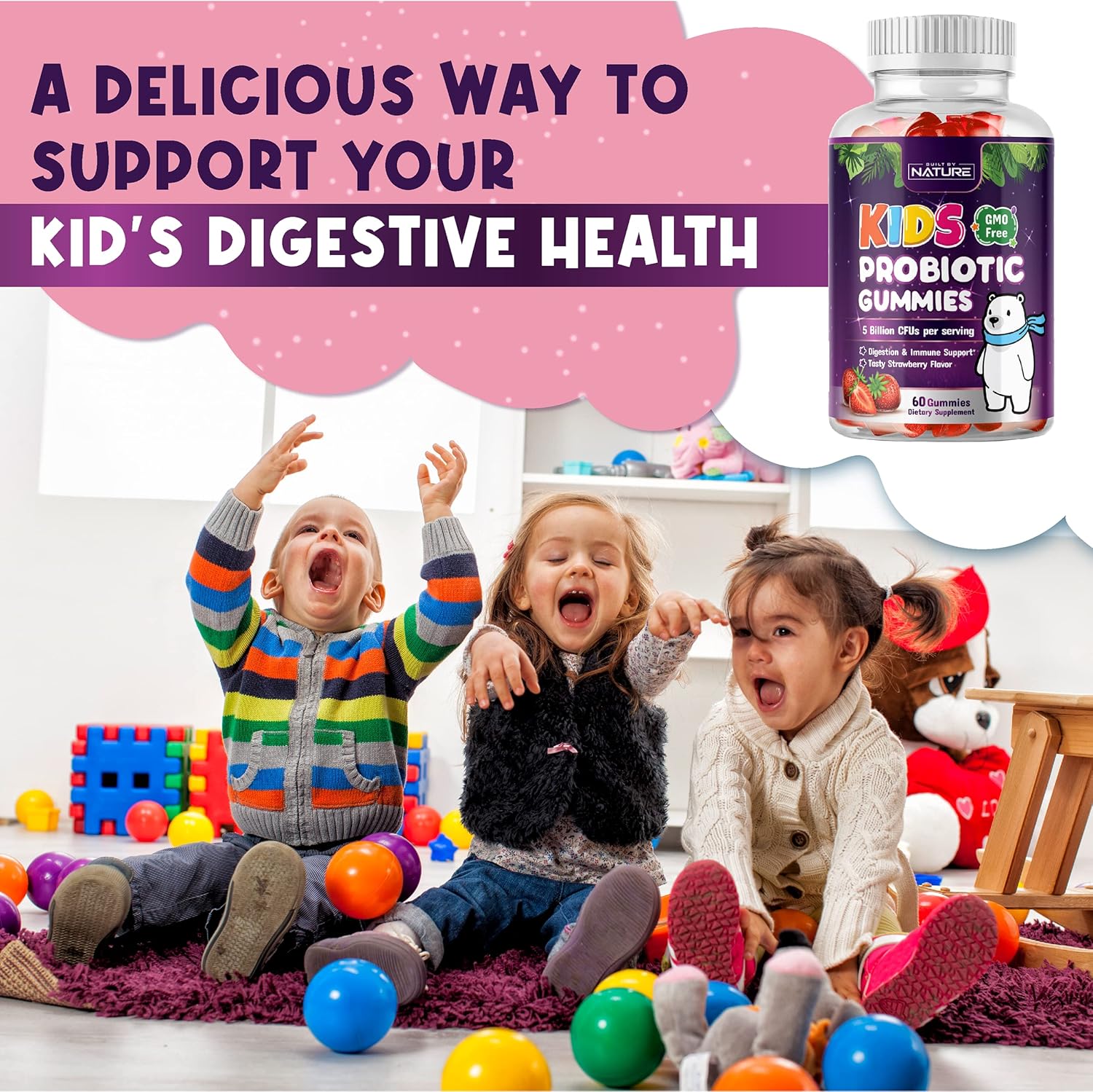 Natural Kids Probiotic Gummies with 6 Strains for Digestive & Immune Support - Chewable Supplement, 60 Gummies
