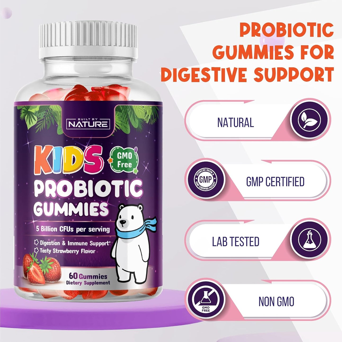 Natural Kids Probiotic Gummies with 6 Strains for Digestive & Immune Support - Chewable Supplement, 60 Gummies