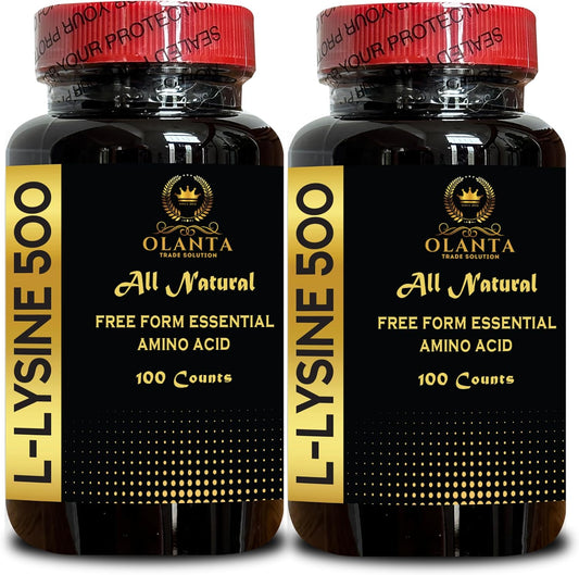 Natural L-Lysine 500 Supplement for Stress Support & Nervous System Health - Amino Acid Vitamin for Energy Production - 2 Bottles 200 Counts