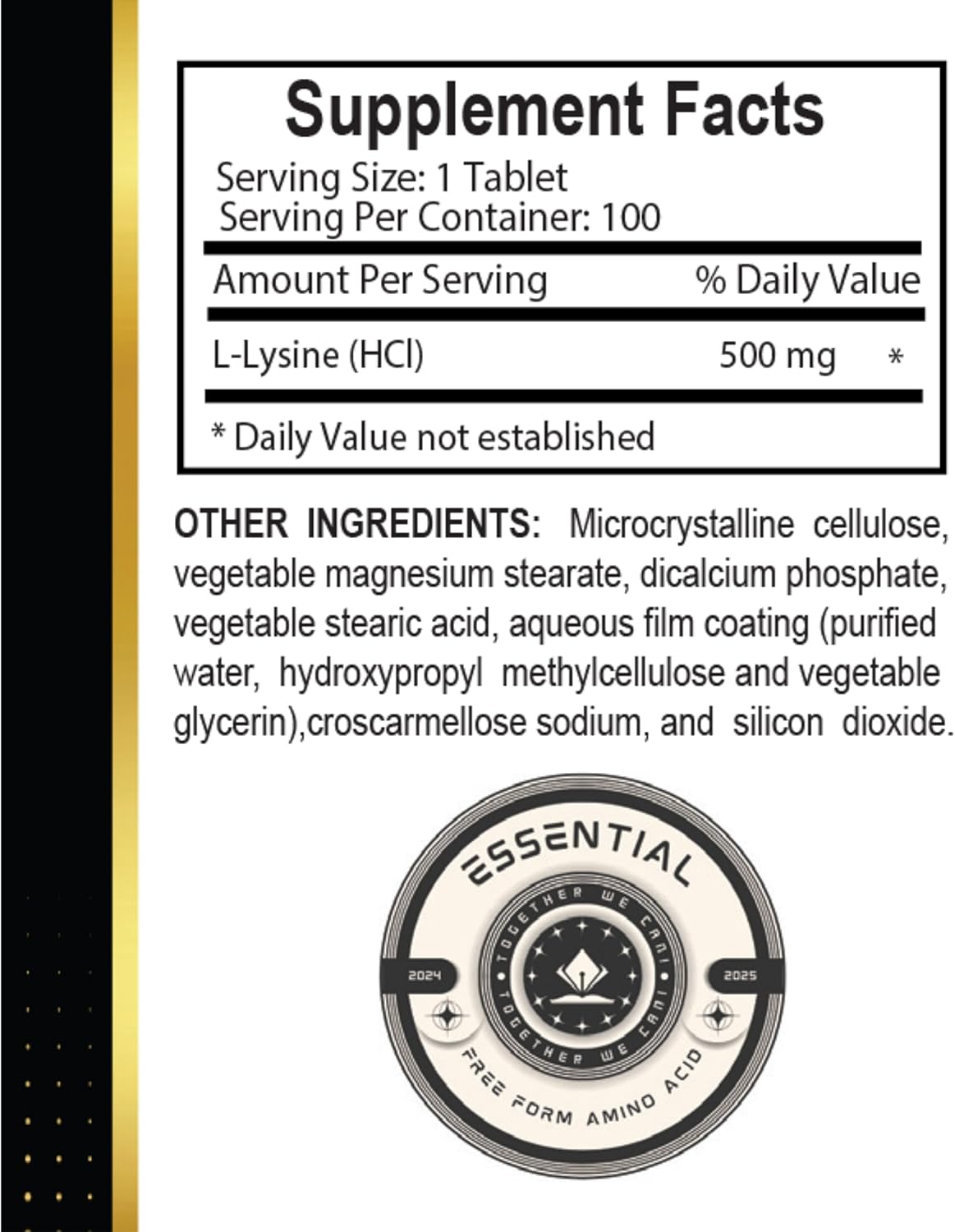 Natural L-Lysine 500 Supplement for Stress Support & Nervous System Health - Amino Acid Vitamin for Energy Production - 2 Bottles 200 Counts