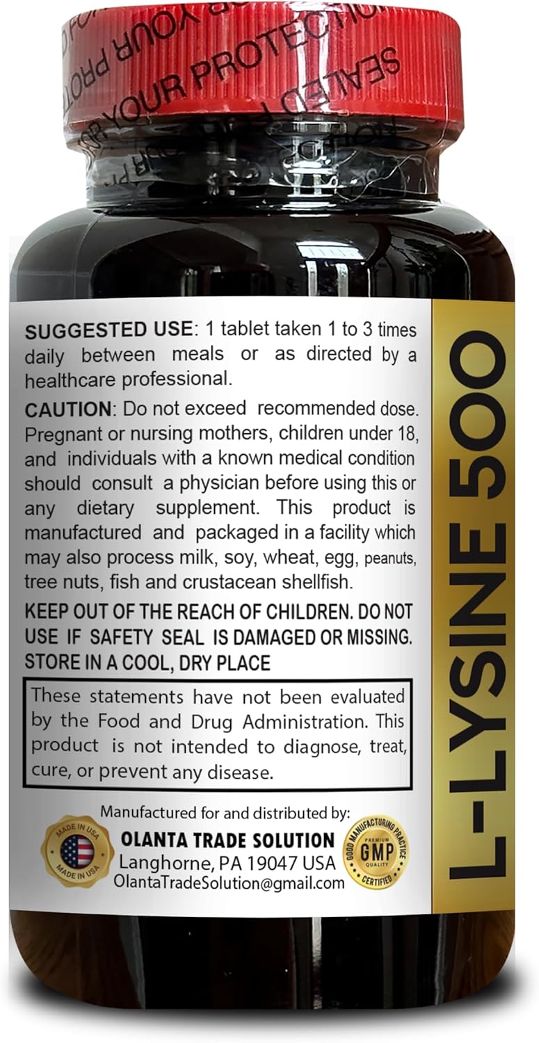 Natural L-Lysine 500 Supplement for Stress Support & Nervous System Health - Amino Acid Vitamin for Energy Production - 2 Bottles 200 Counts