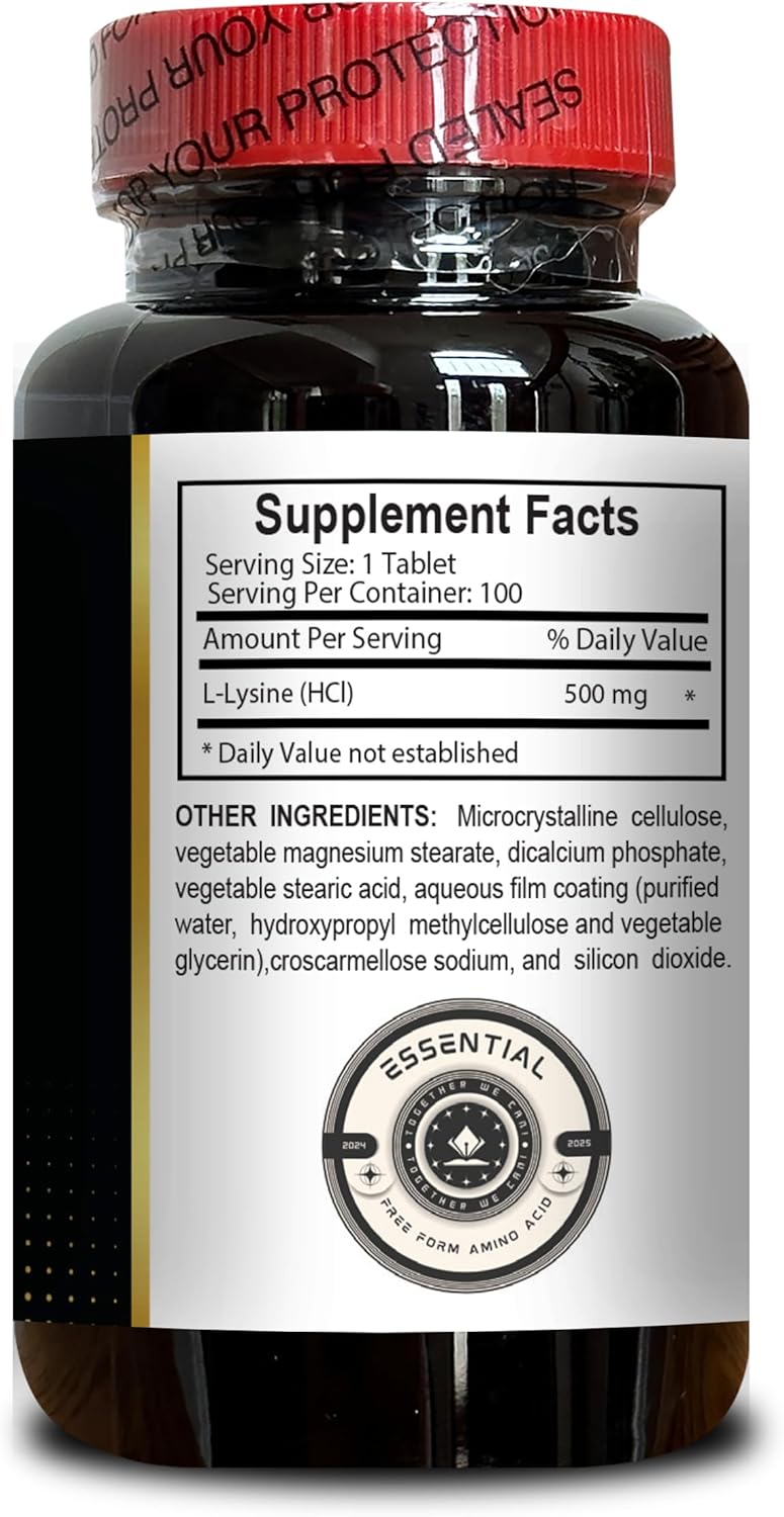 Natural L-Lysine 500 Supplement for Stress Support & Nervous System Health - Amino Acid Vitamin for Energy Production - 2 Bottles 200 Counts