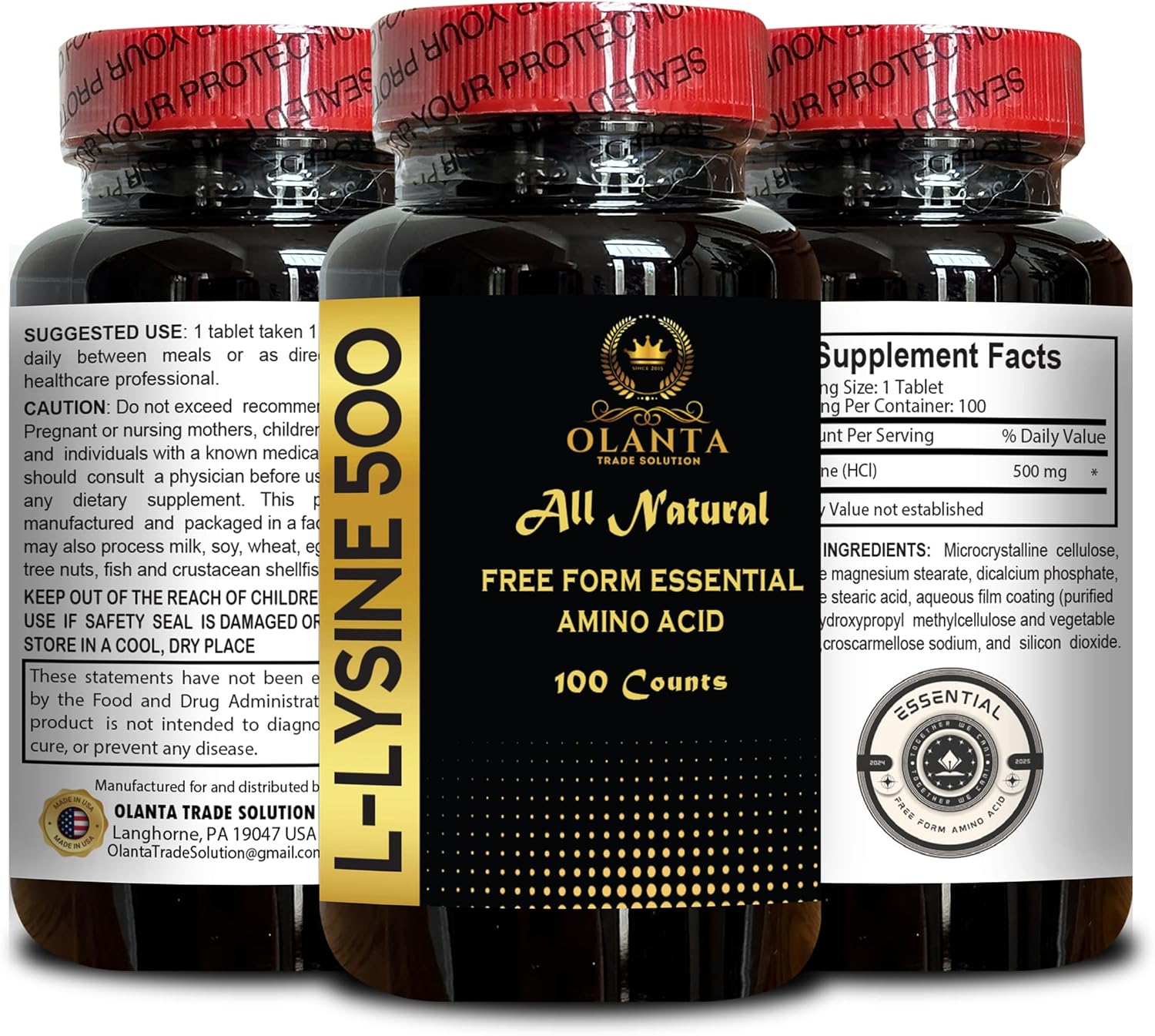 Natural L-Lysine 500 Supplement for Stress Support & Nervous System Health - Amino Acid Vitamin for Energy Production - 2 Bottles 200 Counts