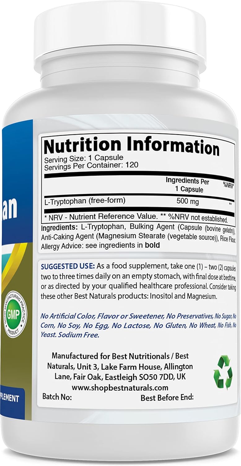 Natural L-Tryptophan Supplement - 500mg - 240 Capsules - Pack of 2 - High Quality Sleep Aid & Mood Support