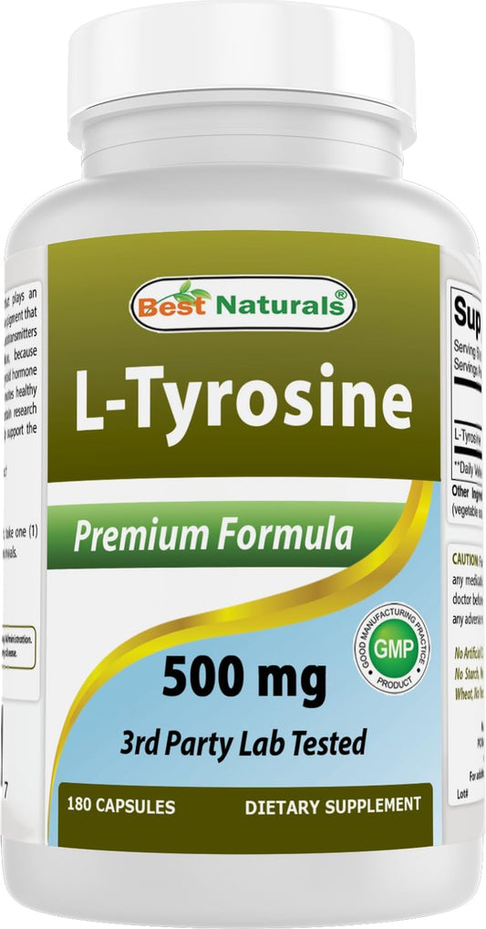 Natural L-Tyrosine 500mg Capsules - Enhances Mental Alertness, Energy, Focus, and Glandular Health (180 Count)