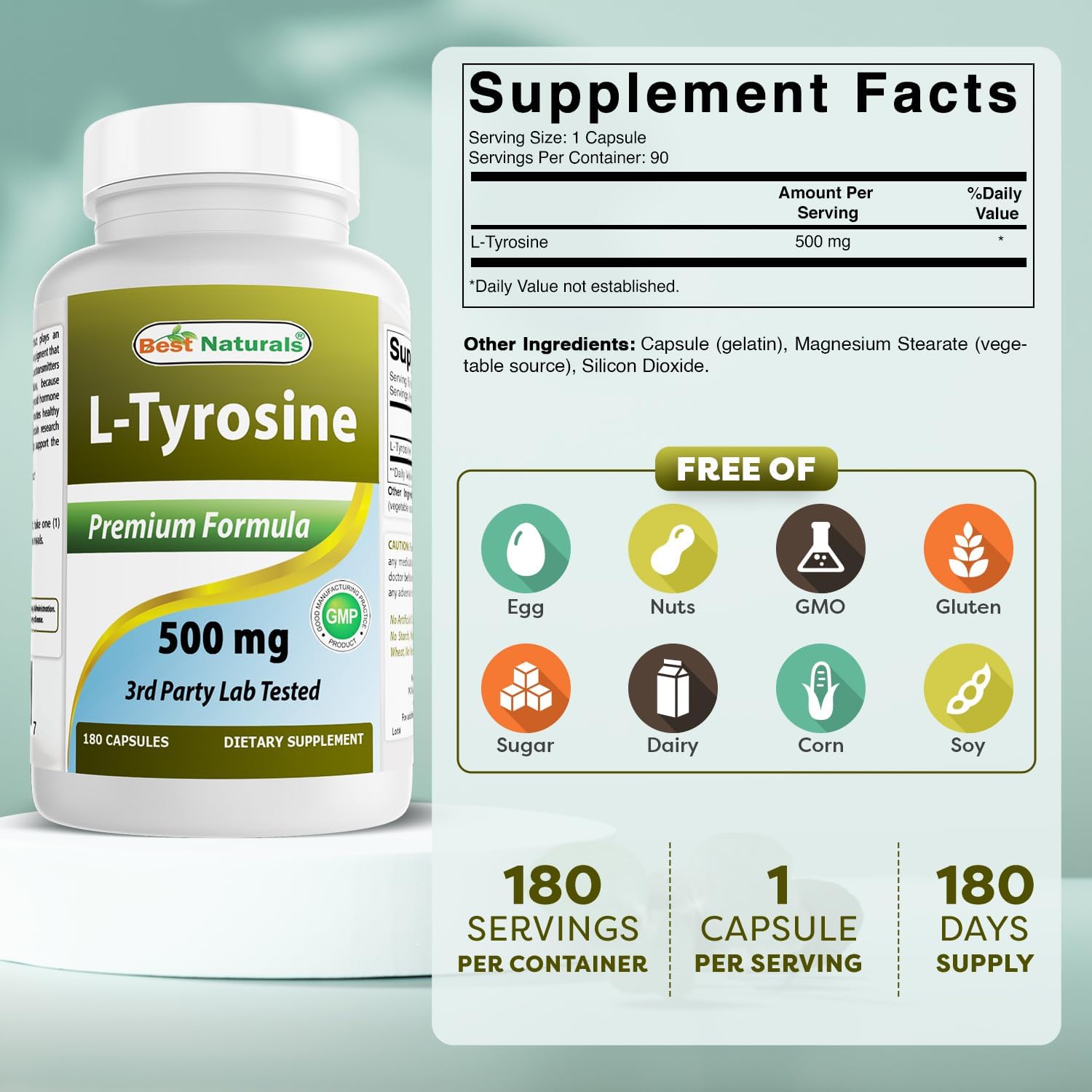 Natural L-Tyrosine 500mg Capsules - Enhances Mental Alertness, Energy, Focus, and Glandular Health (180 Count)
