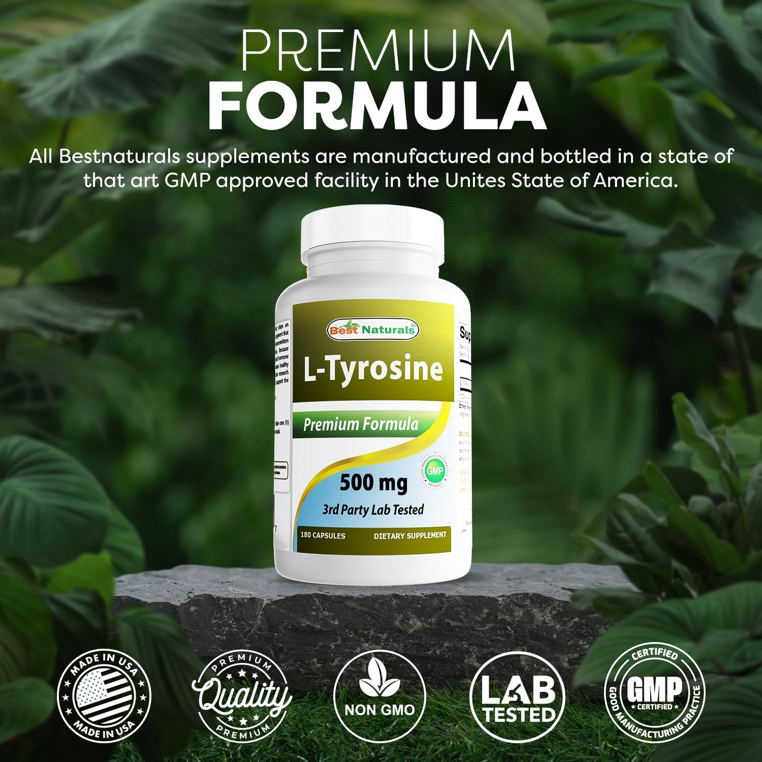 Natural L-Tyrosine 500mg Capsules - Enhances Mental Alertness, Energy, Focus, and Glandular Health (180 Count)