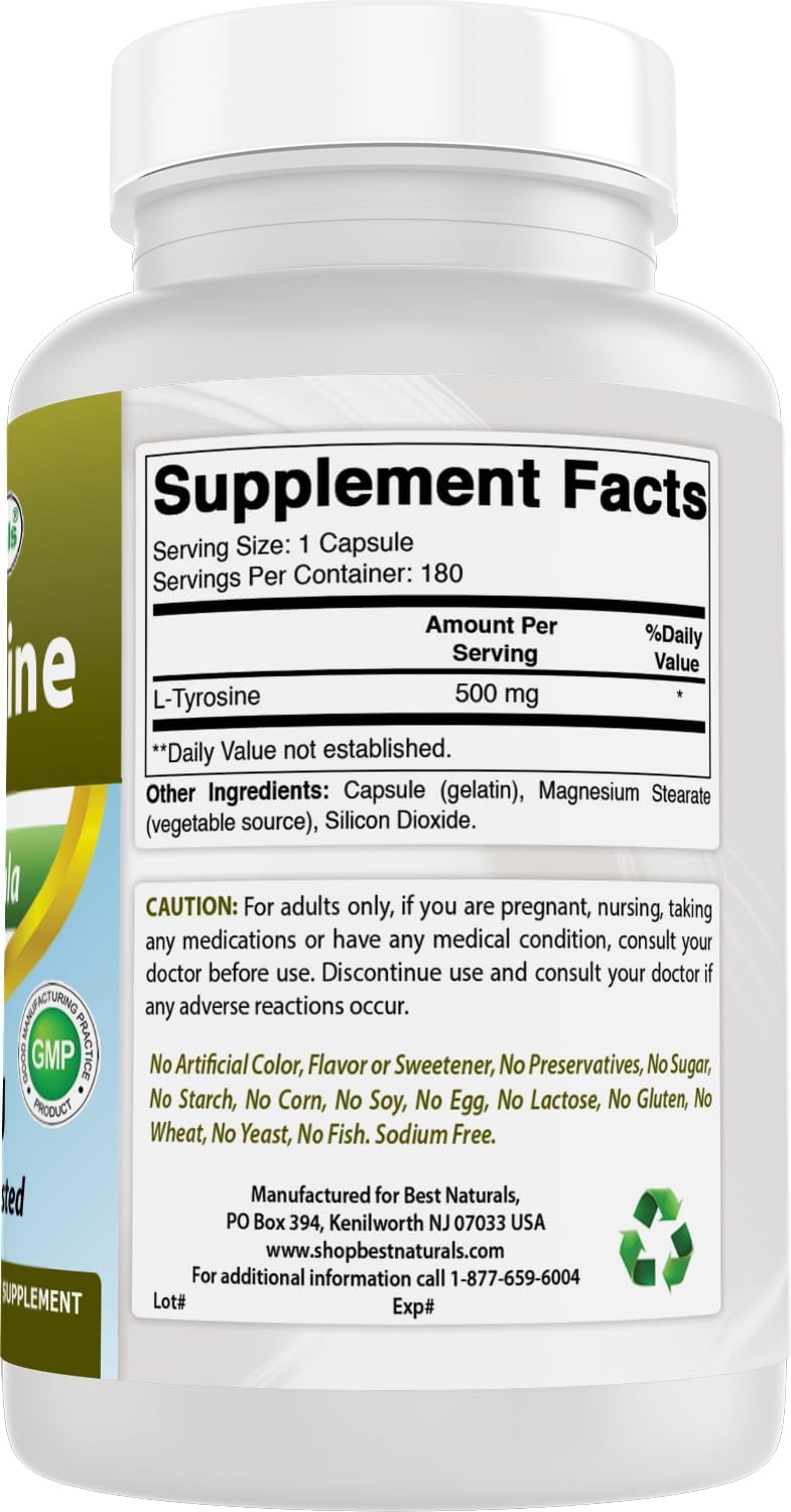 Natural L-Tyrosine 500mg Capsules - Enhances Mental Alertness, Energy, Focus, and Glandular Health (180 Count)
