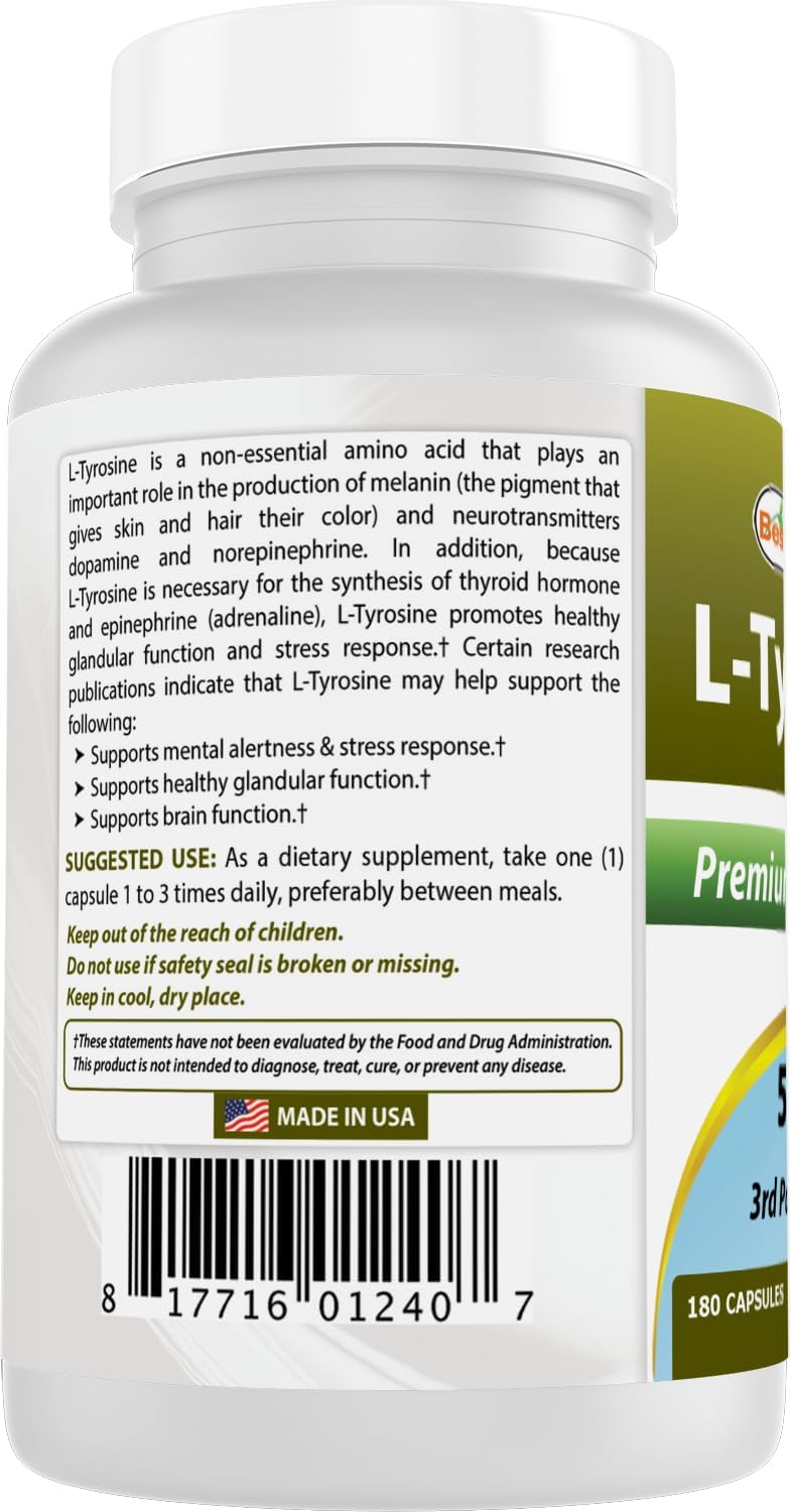 Natural L-Tyrosine 500mg Capsules - Enhances Mental Alertness, Energy, Focus, and Glandular Health (180 Count)