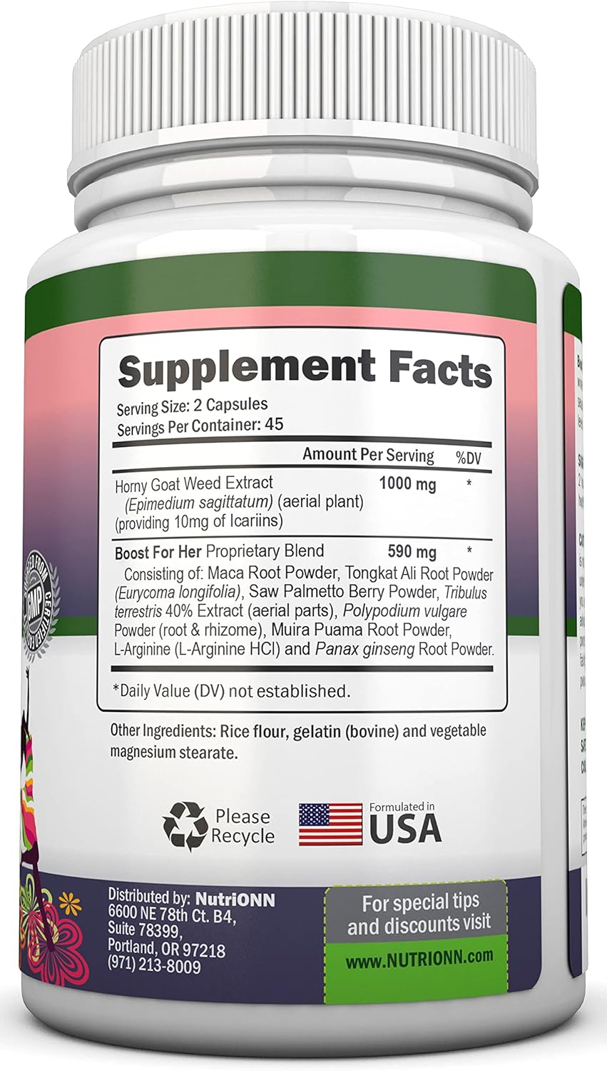 Natural Libido Boost Capsules for Women - Enhances Mood & Desire - Non-GMO Herbal Aphrodisiac with Horny Goat Weed, Maca, Tongkat Ali & Tribulus - 90 Count