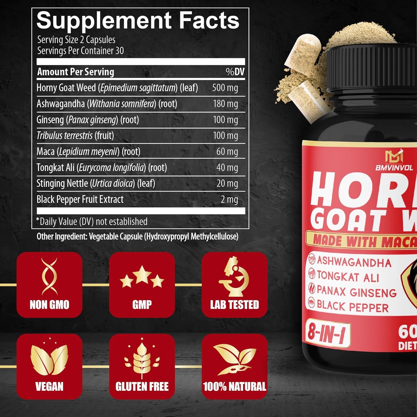 Natural Libido Booster Capsules with Horny Goat Weed, Tribulus, Ginseng, Ashwagandha, Maca, Tongkat Ali - (2 Packs) 120 Capsules