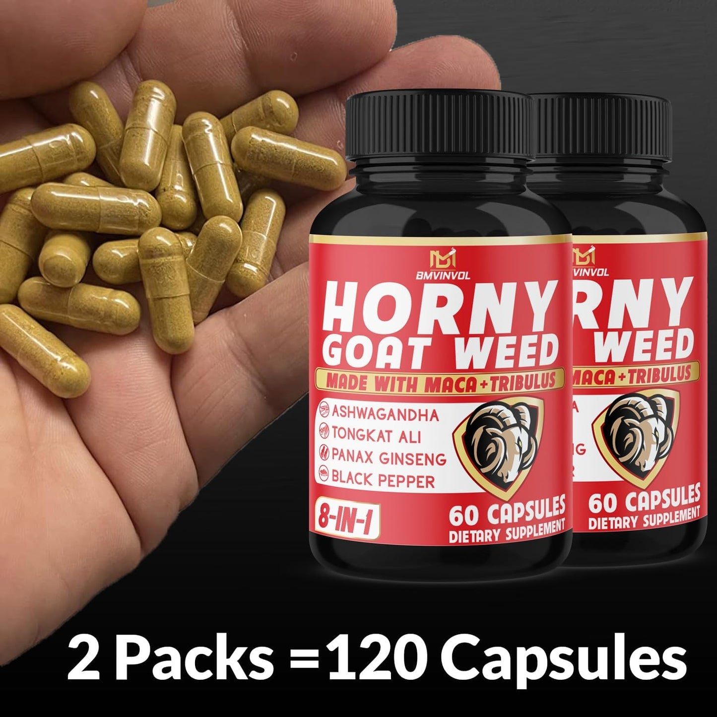 Natural Libido Booster Capsules with Horny Goat Weed, Tribulus, Ginseng, Ashwagandha, Maca, Tongkat Ali - (2 Packs) 120 Capsules