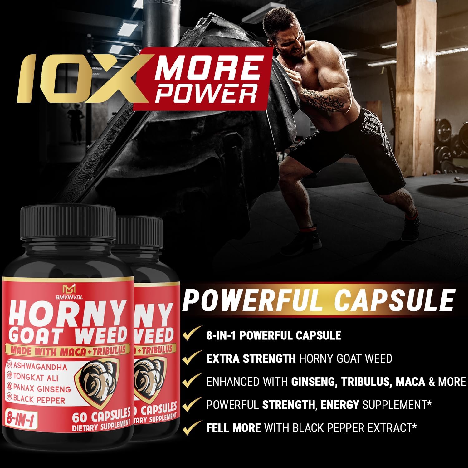 Natural Libido Booster Capsules with Horny Goat Weed, Tribulus, Ginseng, Ashwagandha, Maca, Tongkat Ali - (2 Packs) 120 Capsules