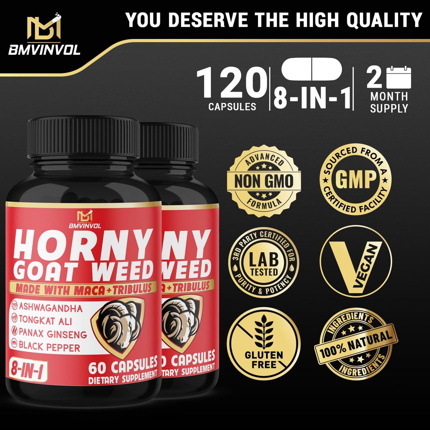 Natural Libido Booster Capsules with Horny Goat Weed, Tribulus, Ginseng, Ashwagandha, Maca, Tongkat Ali - (2 Packs) 120 Capsules