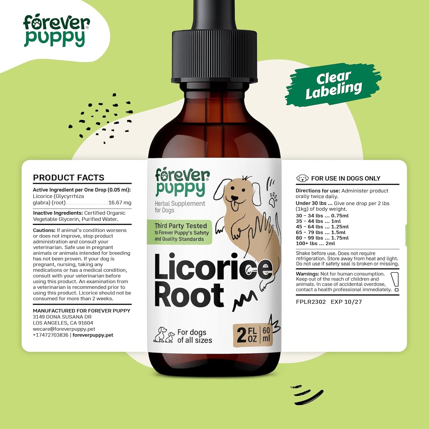 Natural Licorice Root Tincture for Dogs - Respiratory Support - Liquid Dog Vitamins - Lung Detox & Cleanse Supplement - Sugar & Alcohol-Free - 2 oz