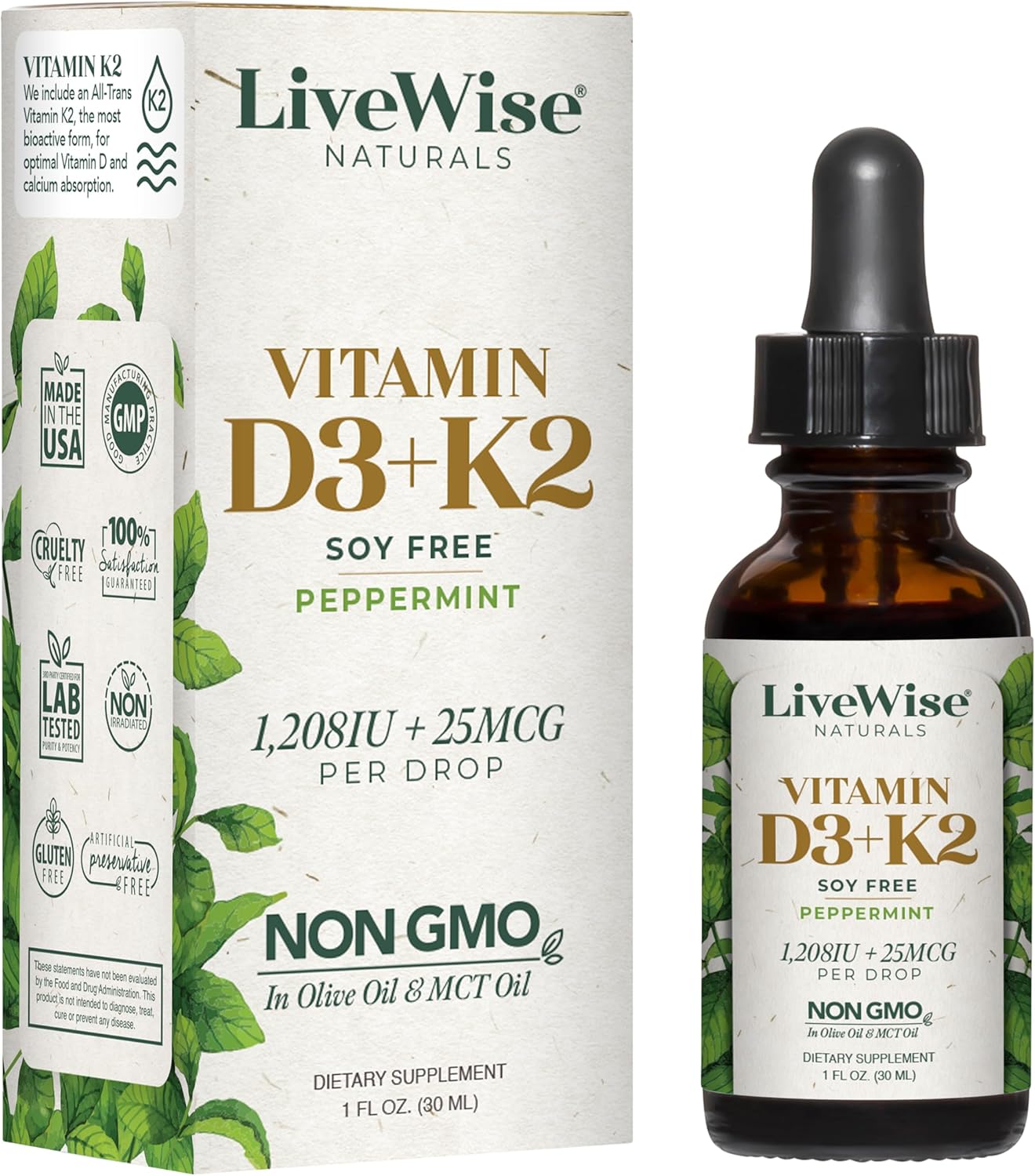 Natural Liquid Vitamin D3 with K2 Drops - Non GMO, 1208IU D3, 25mcg K2 (MK7) - Bone, Immune, Energy Support, Peppermint Optional