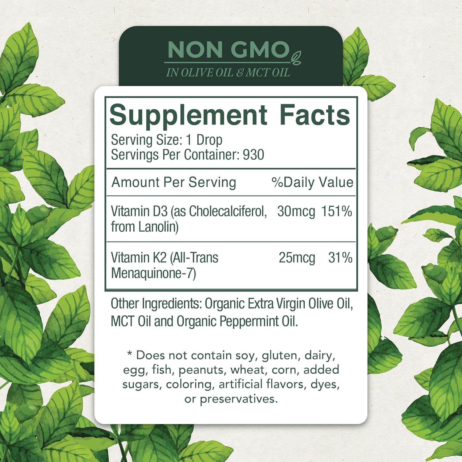 Natural Liquid Vitamin D3 with K2 Drops - Non GMO, 1208IU D3, 25mcg K2 (MK7) - Bone, Immune, Energy Support, Peppermint Optional