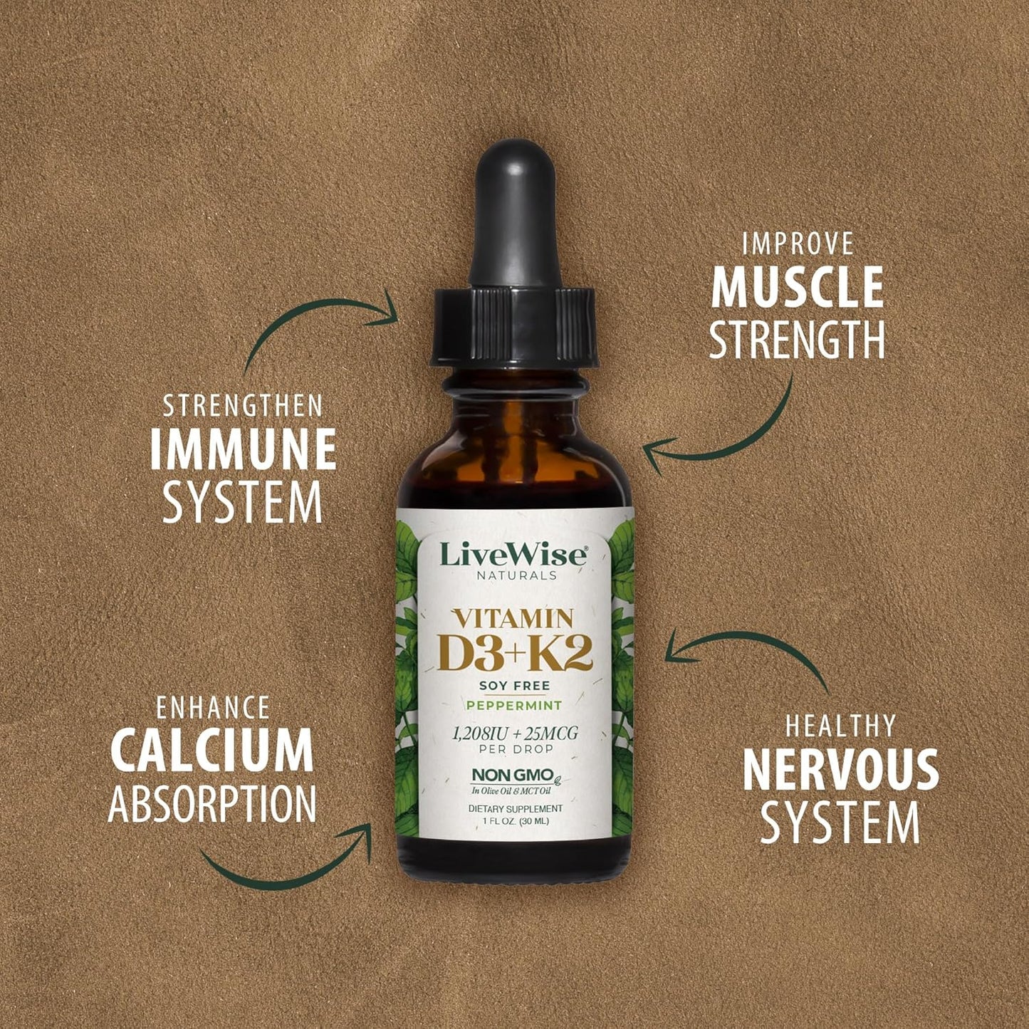 Natural Liquid Vitamin D3 with K2 Drops - Non GMO, 1208IU D3, 25mcg K2 (MK7) - Bone, Immune, Energy Support, Peppermint Optional