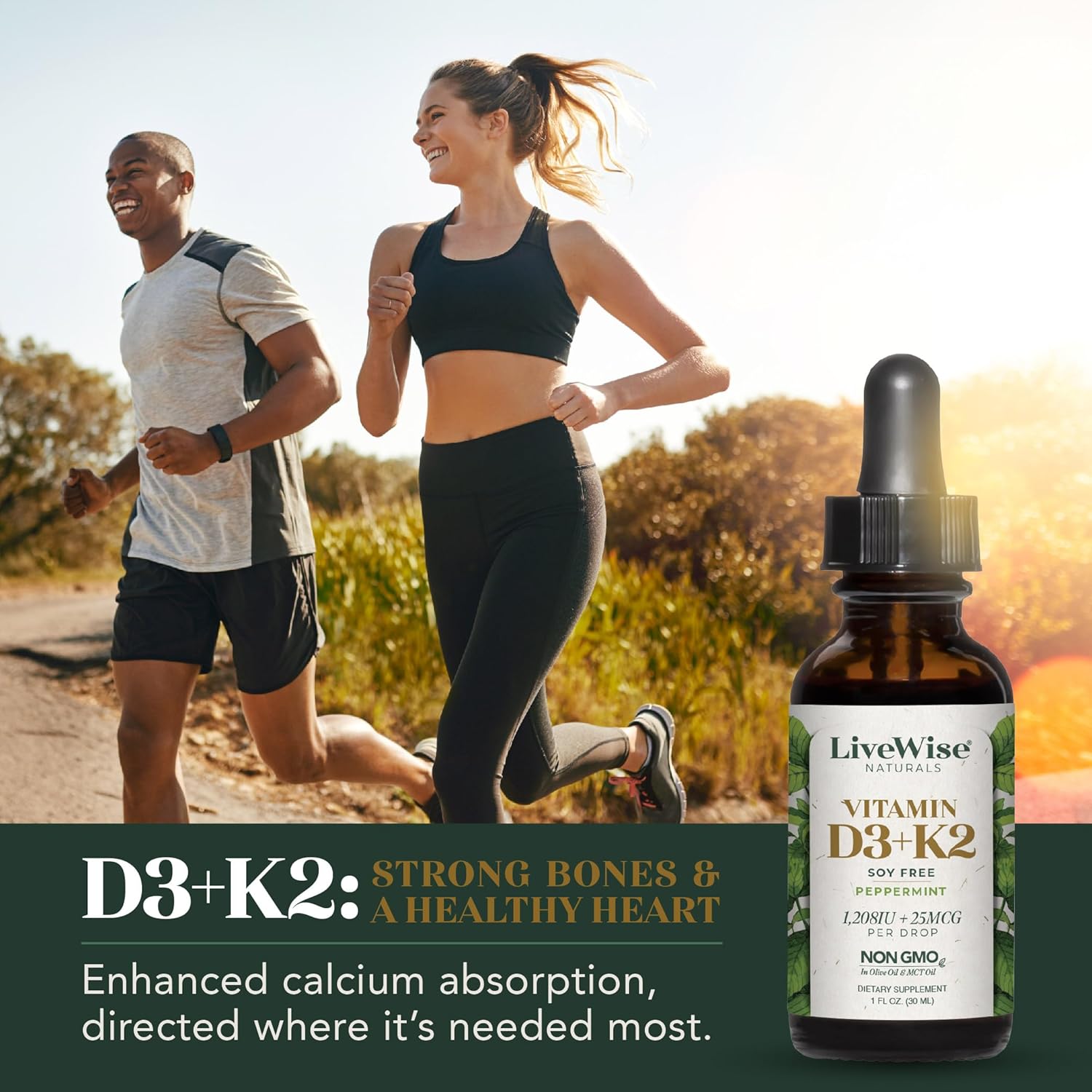 Natural Liquid Vitamin D3 with K2 Drops - Non GMO, 1208IU D3, 25mcg K2 (MK7) - Bone, Immune, Energy Support, Peppermint Optional
