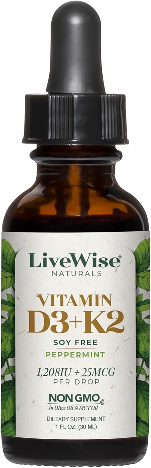 Natural Liquid Vitamin D3 with K2 Drops - Non GMO, 1208IU D3, 25mcg K2 (MK7) - Bone, Immune, Energy Support, Peppermint Optional