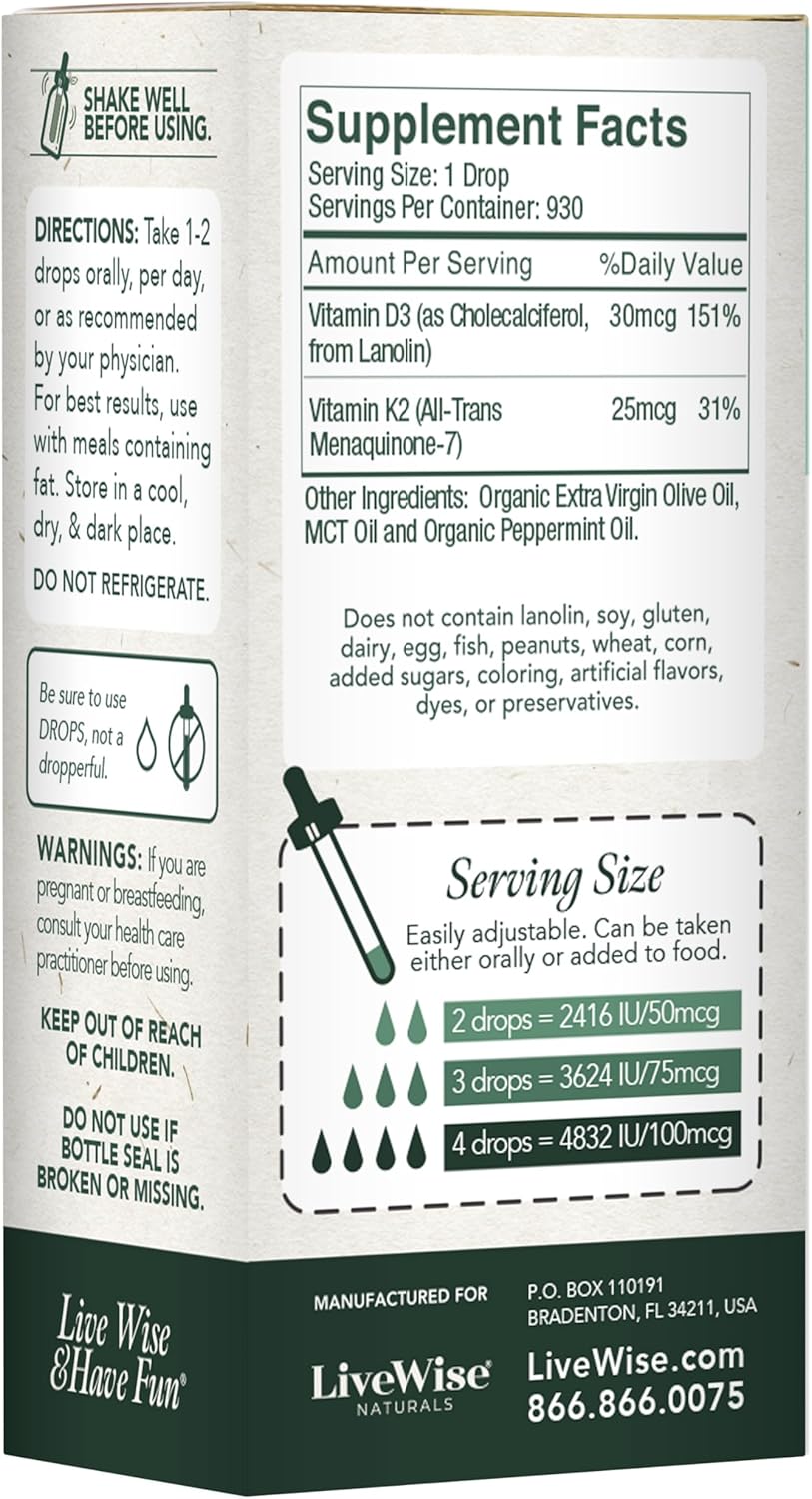 Natural Liquid Vitamin D3 with K2 Drops - Non GMO, 1208IU D3, 25mcg K2 (MK7) - Bone, Immune, Energy Support, Peppermint Optional