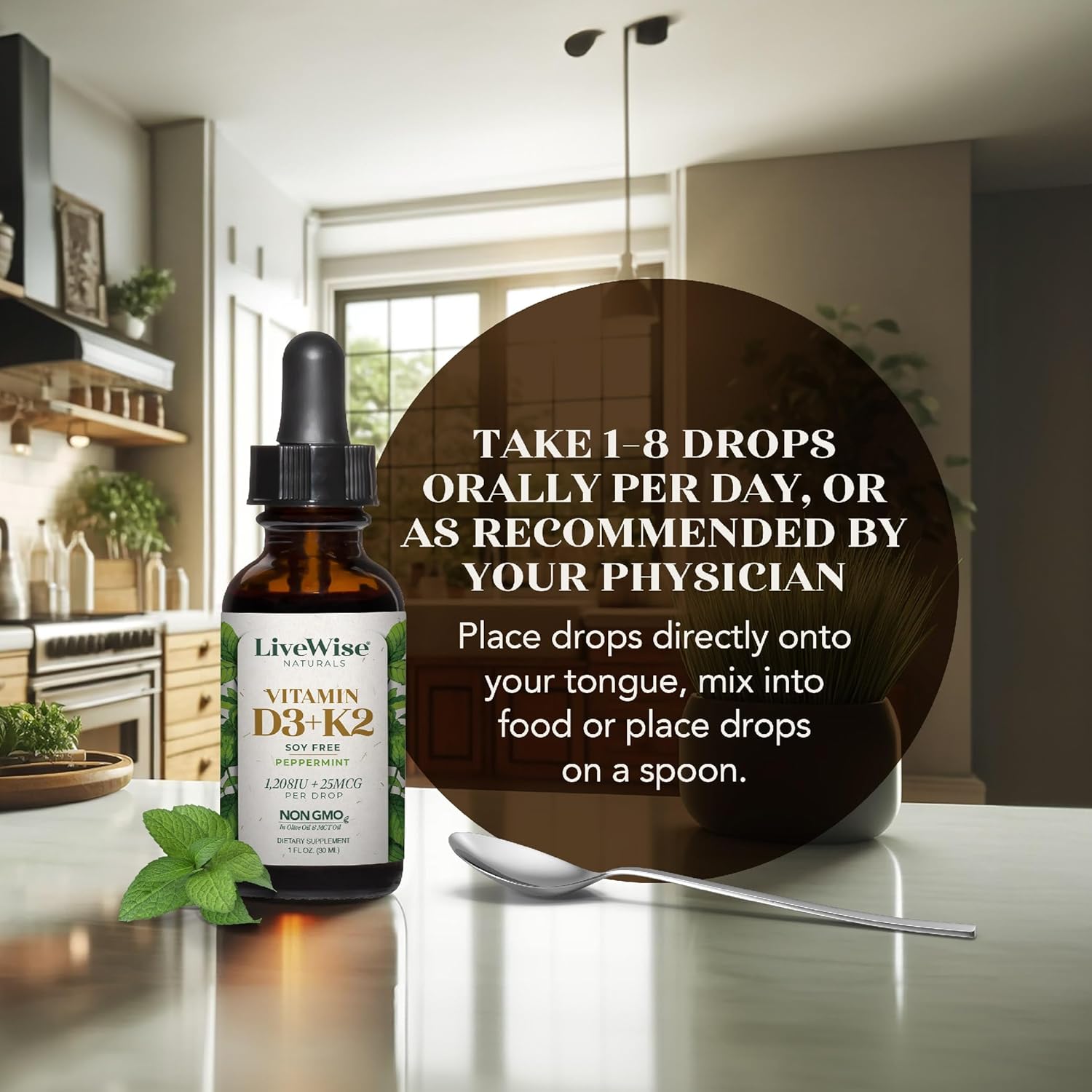 Natural Liquid Vitamin D3 with K2 Drops - Non GMO, 1208IU D3, 25mcg K2 (MK7) - Bone, Immune, Energy Support, Peppermint Optional