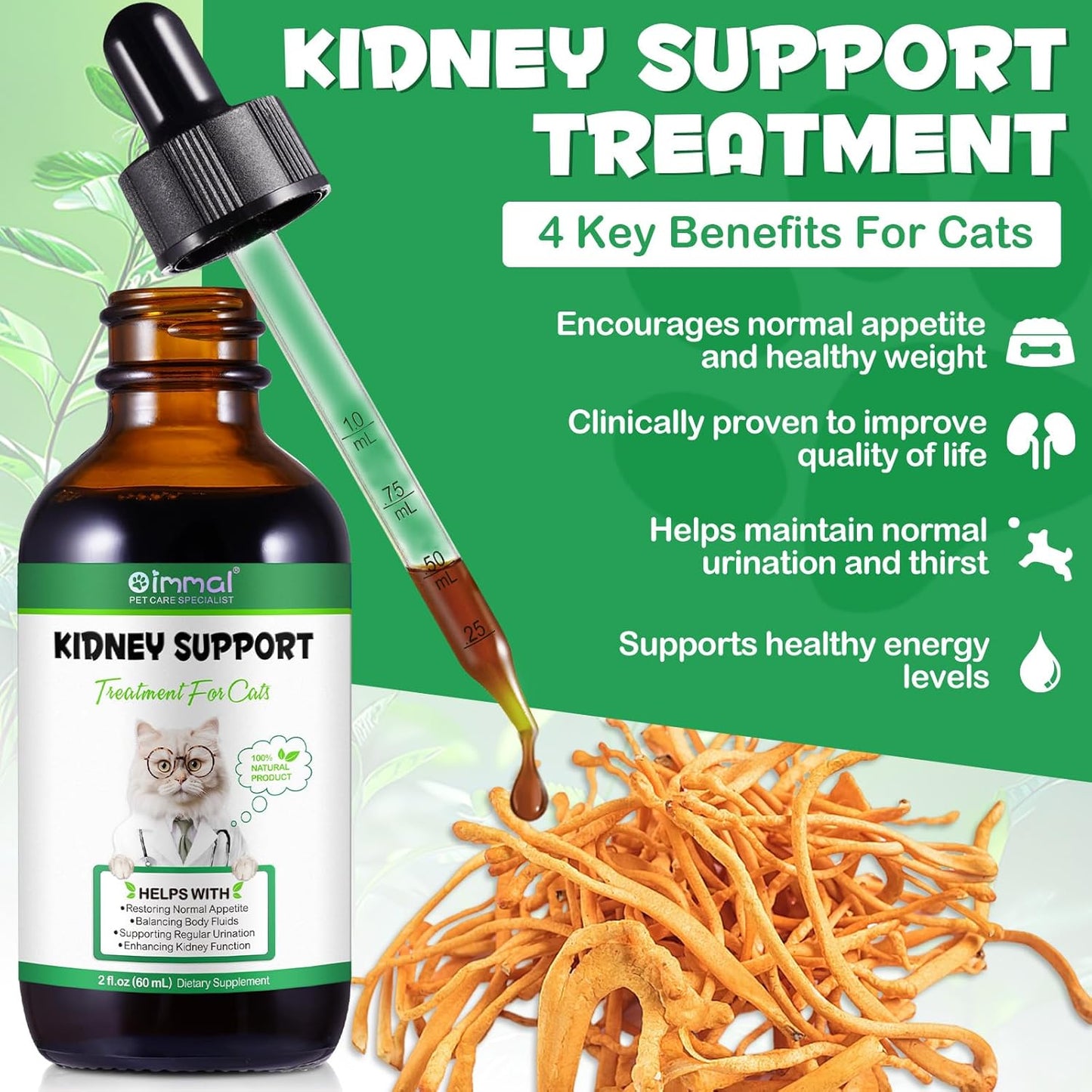 Natural Liver and Kidney Support Supplement for Cats - 60ml Bottle - Herbal Extracts for Balanced Liver and Kidneys Health in Cats