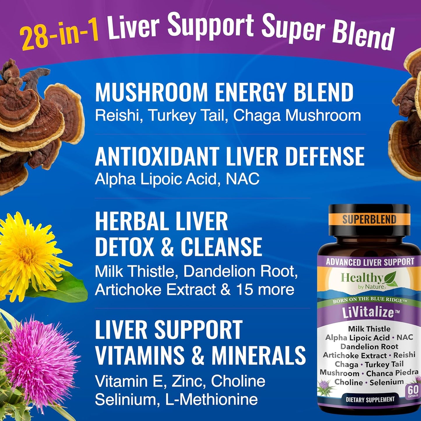 Natural Liver Cleanse & Detox Supplement with Milk Thistle - Liver Health Support 28-in-1 Formula 1540mg - Dandelion NAC Alpha Lipoic Acid Artichoke Reishi Chaga Turkey Tail Mushroom - 60 Capsules